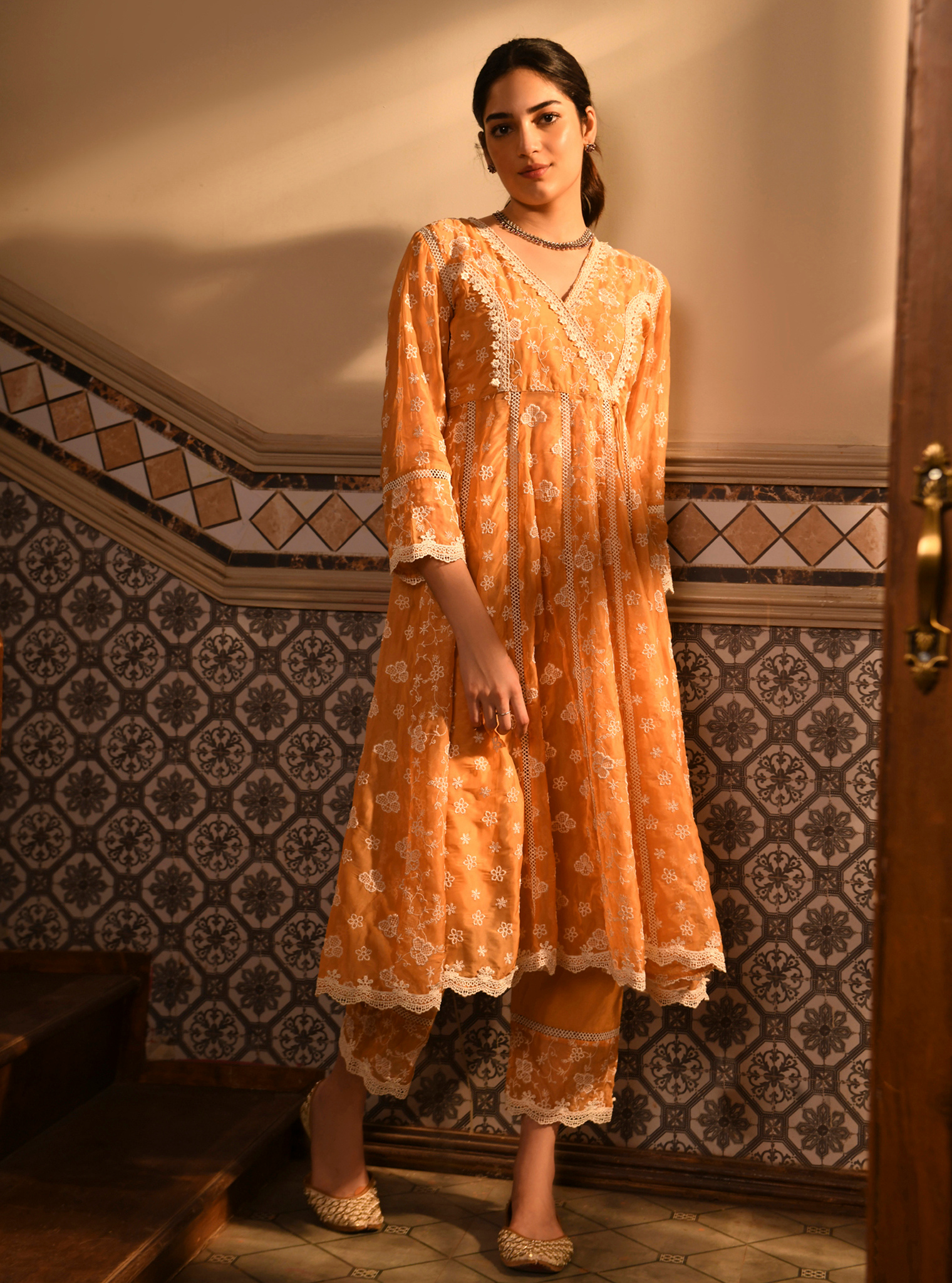 Mulmul Organza Bolour Orange Kurta With Mulmul Cotton Bolour Orange Pant