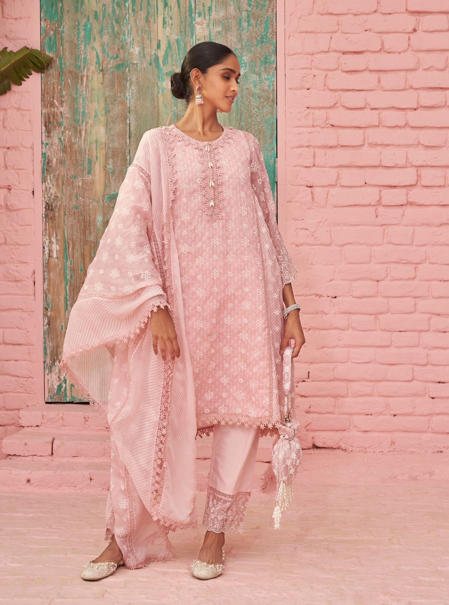 Mulmul Organza Printed Elowyn Pink Kurta With Mulmul Cotton Elowyn Pink Pant