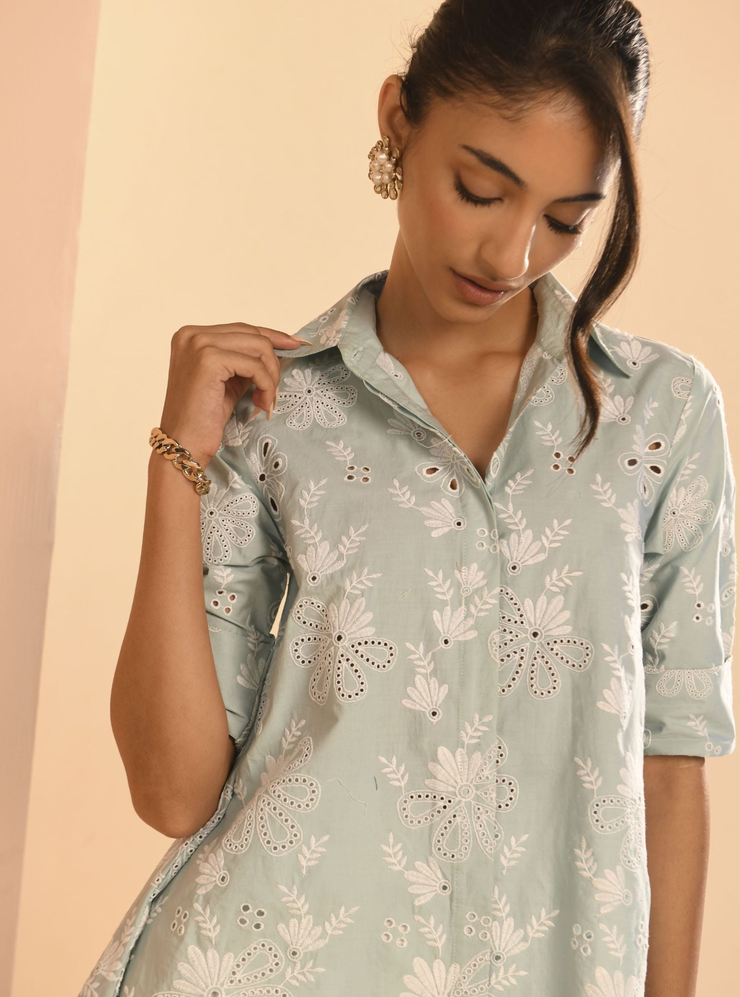 Mulmul Cotton Chiara Teal Blue Shirt