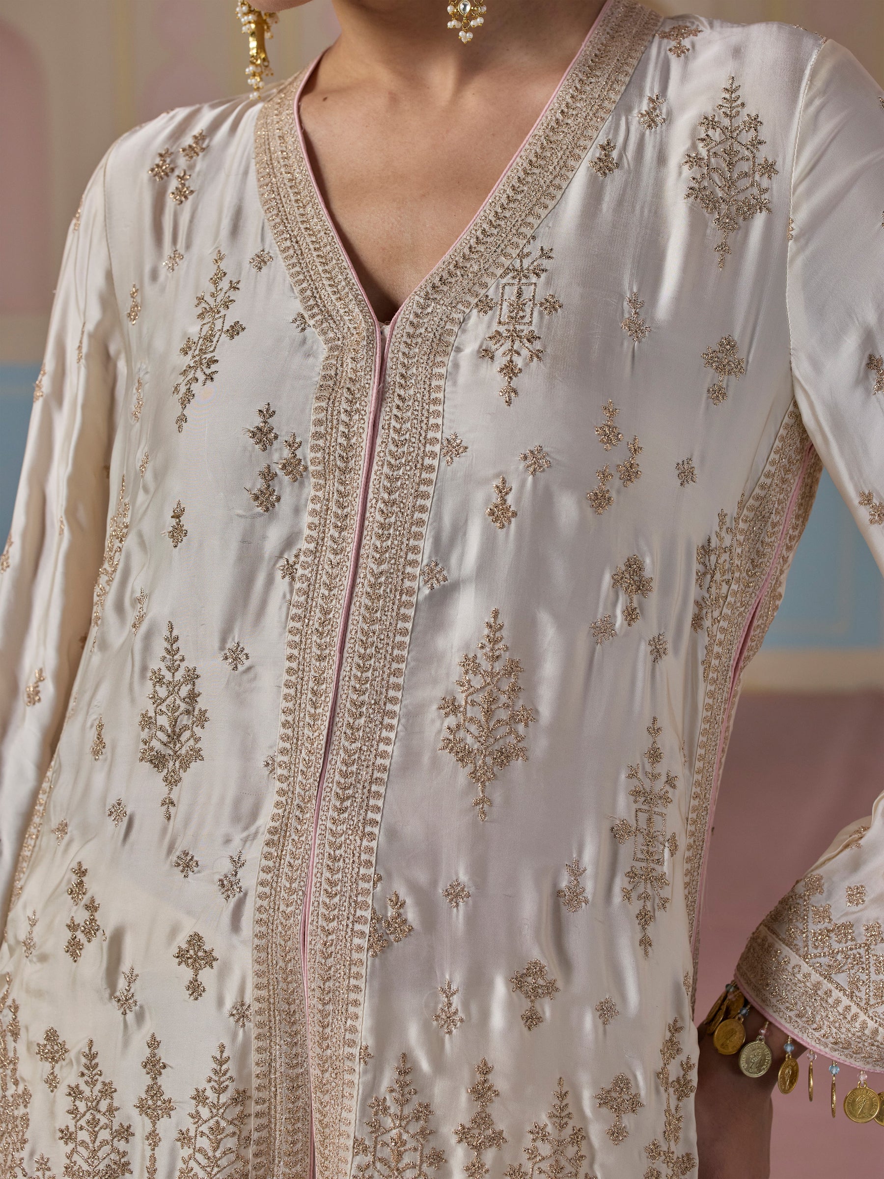 Laado Cupro Satin Off White Kurta with Draped Pants