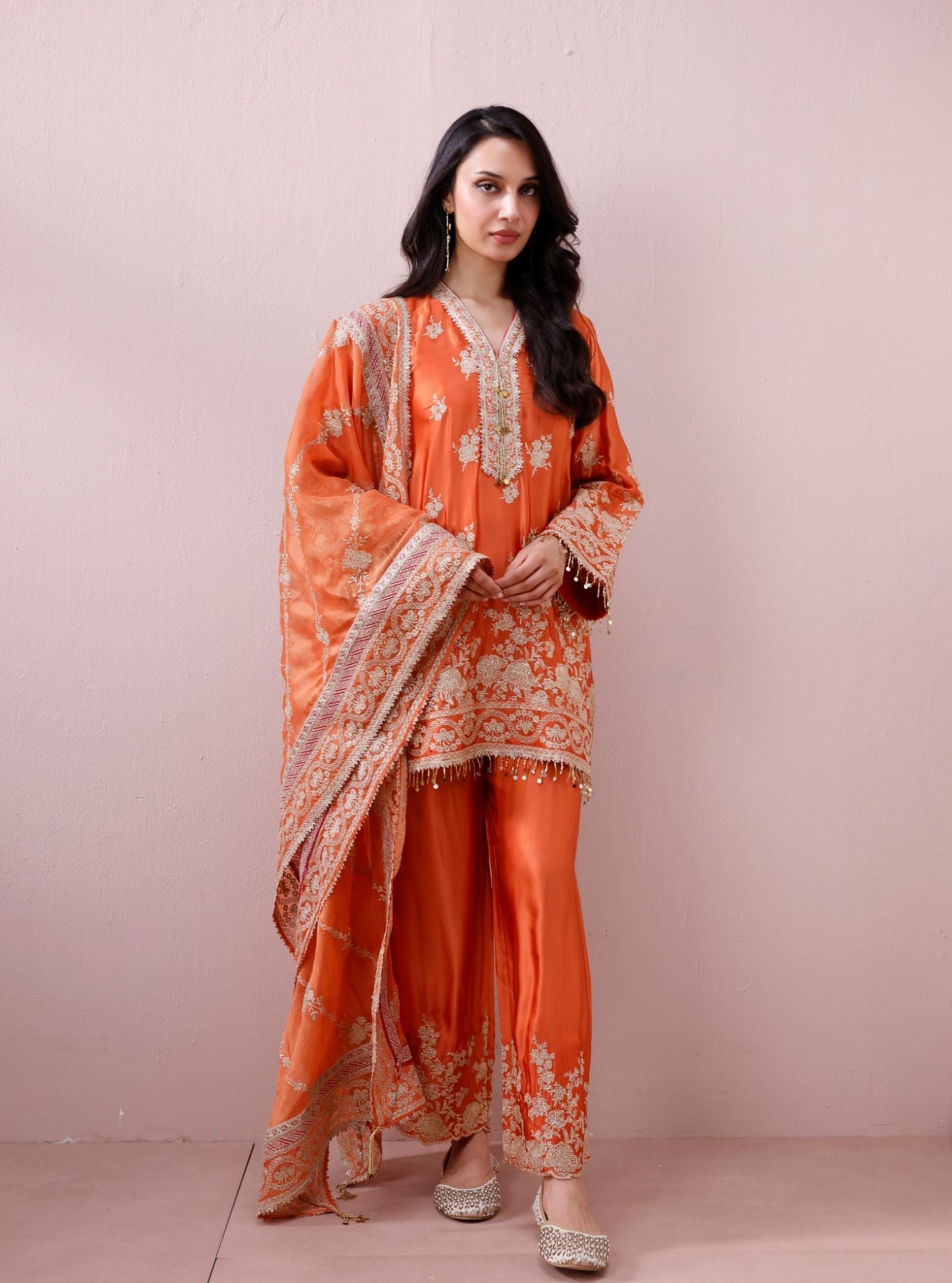Saaj Cupro Satin Orange Kurta Set