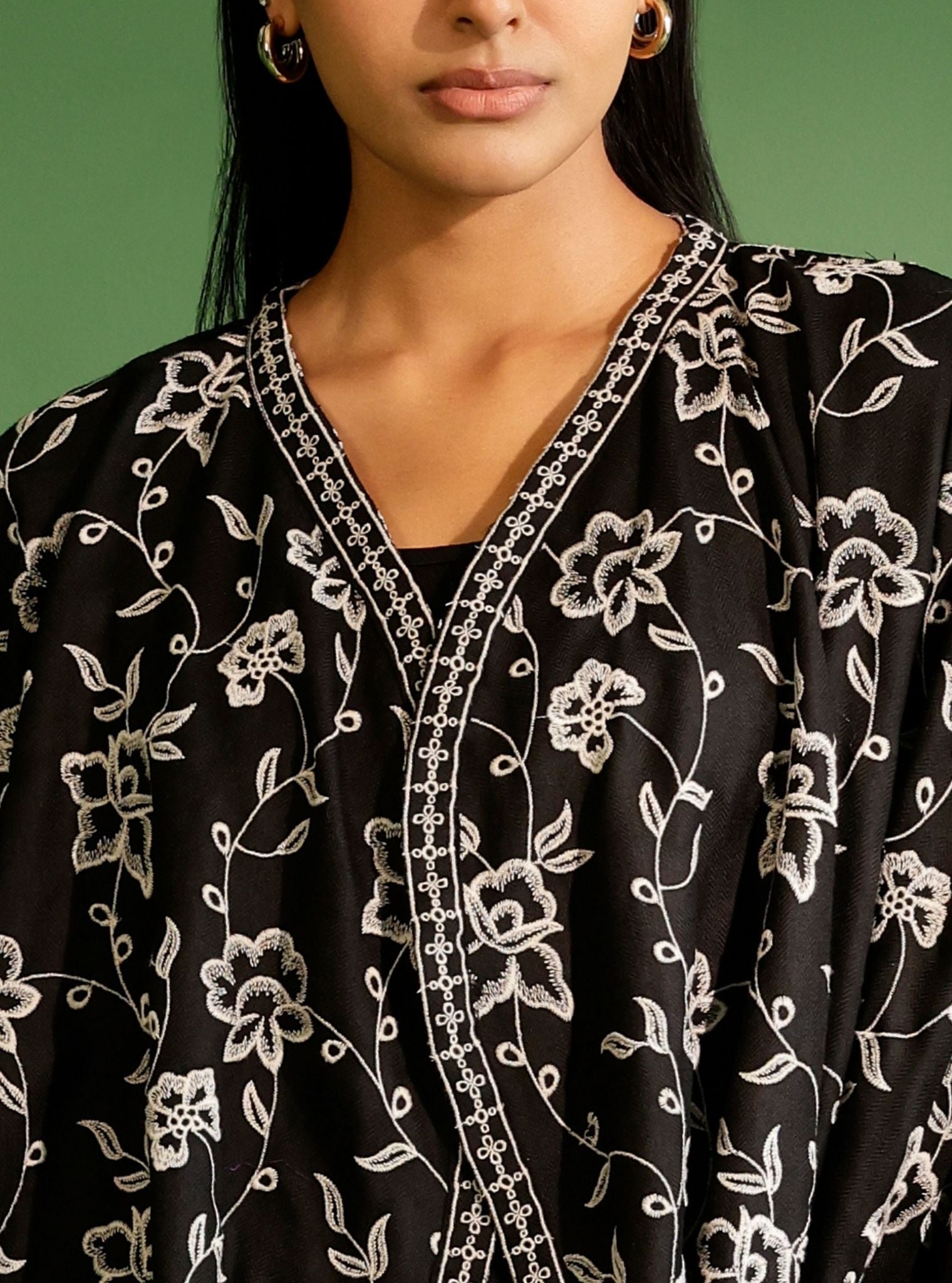 Mulmul Wool Fawn Black kaftan with Wool Fawn Black Pant