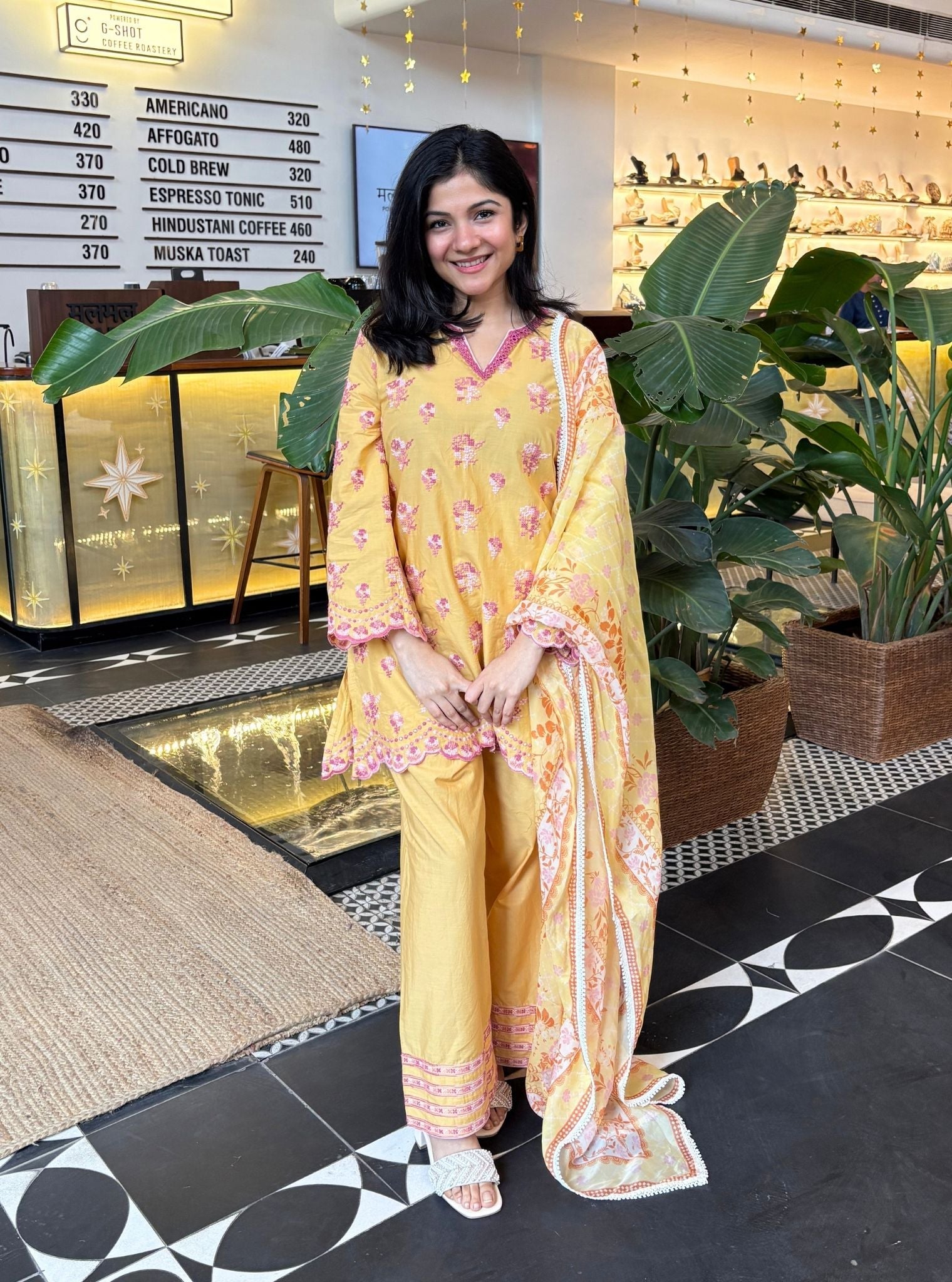 Aviya Supima Cotton Yellow Kurta With Farshi Salwar