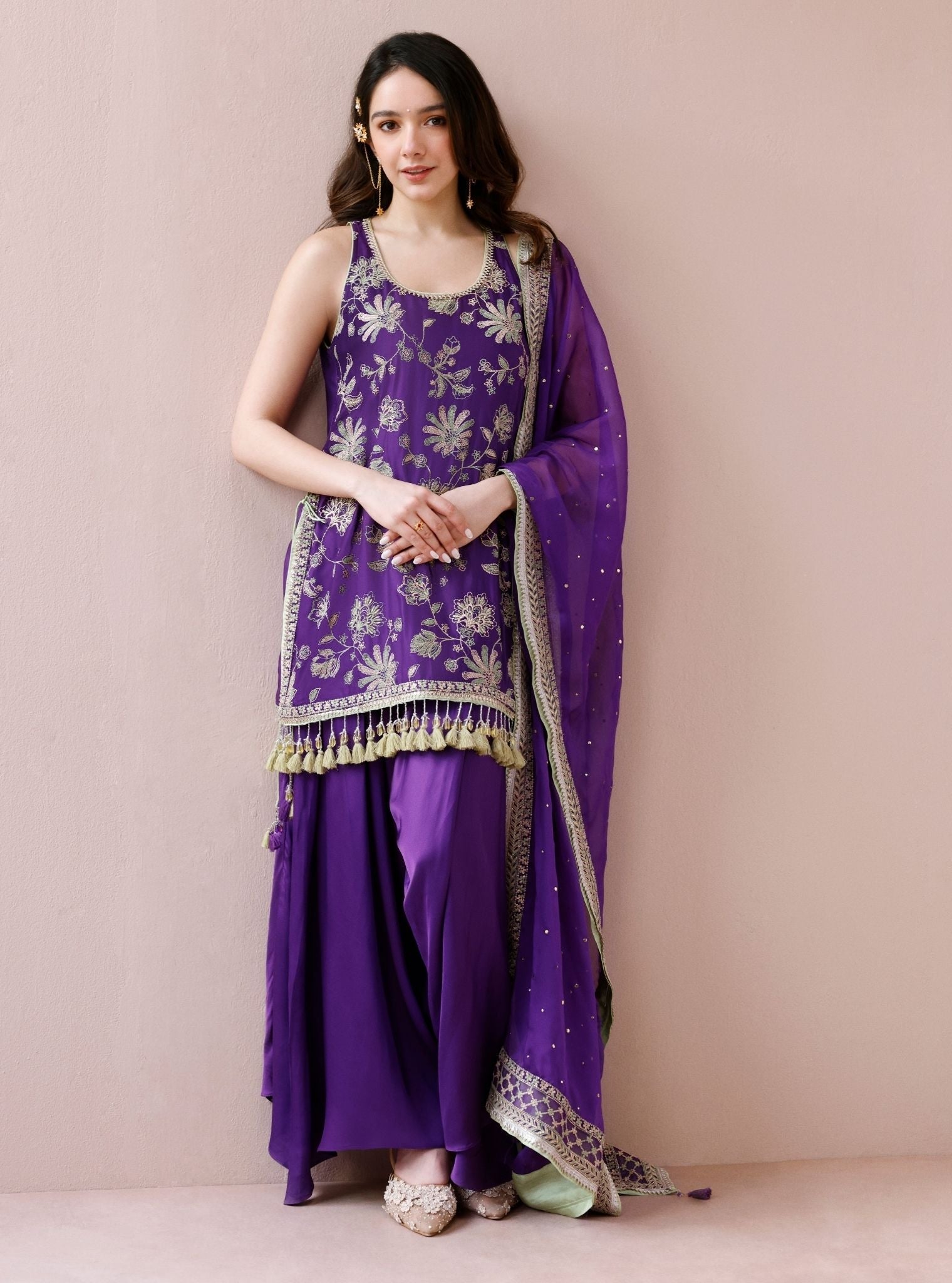 Zani Cupro Satin Purple Kurta with Draped Pants