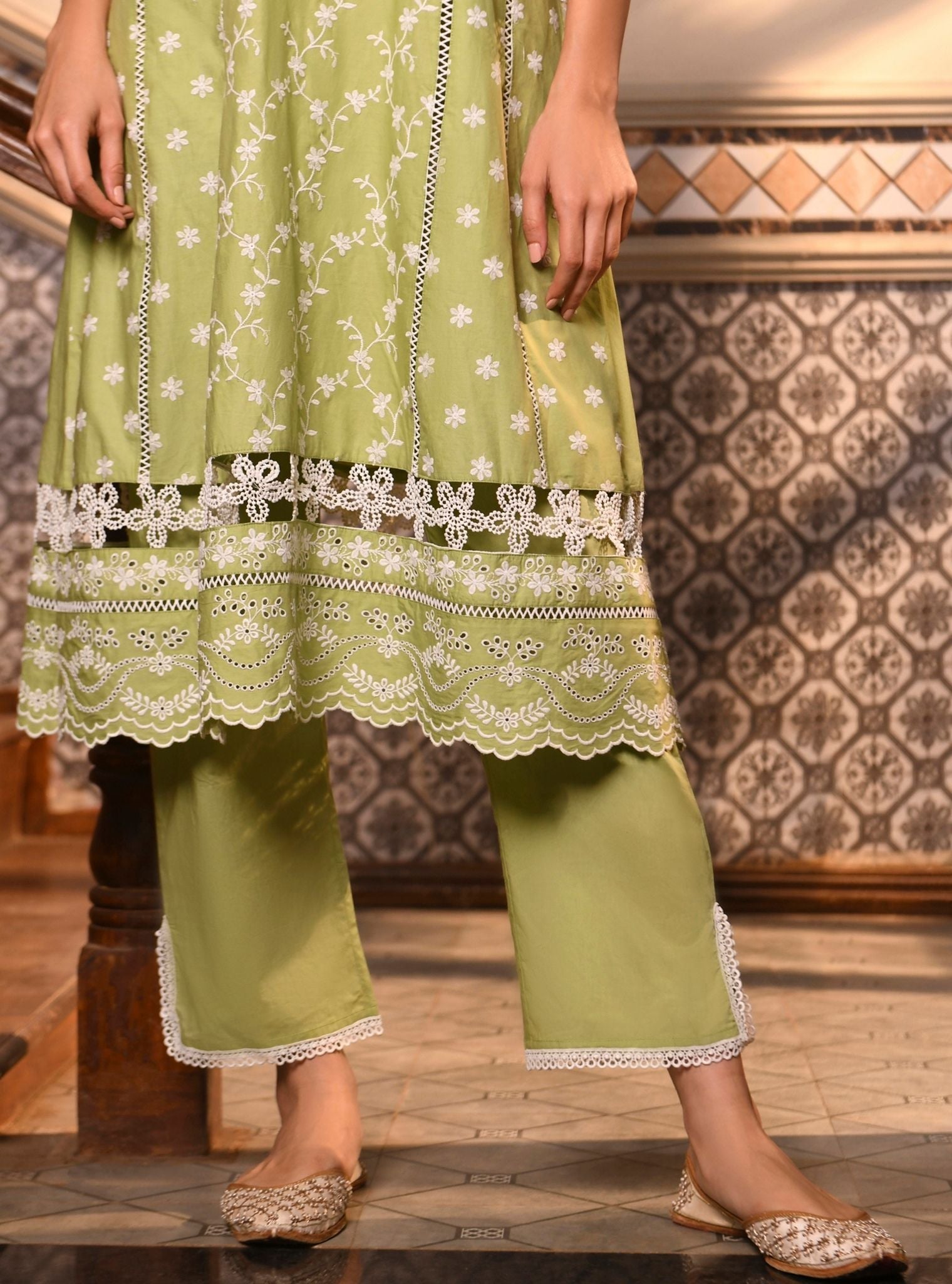 Mulmul Cotton Kiana Light Green Kurta With Mulmul Cotton Kiana Light Green Pant