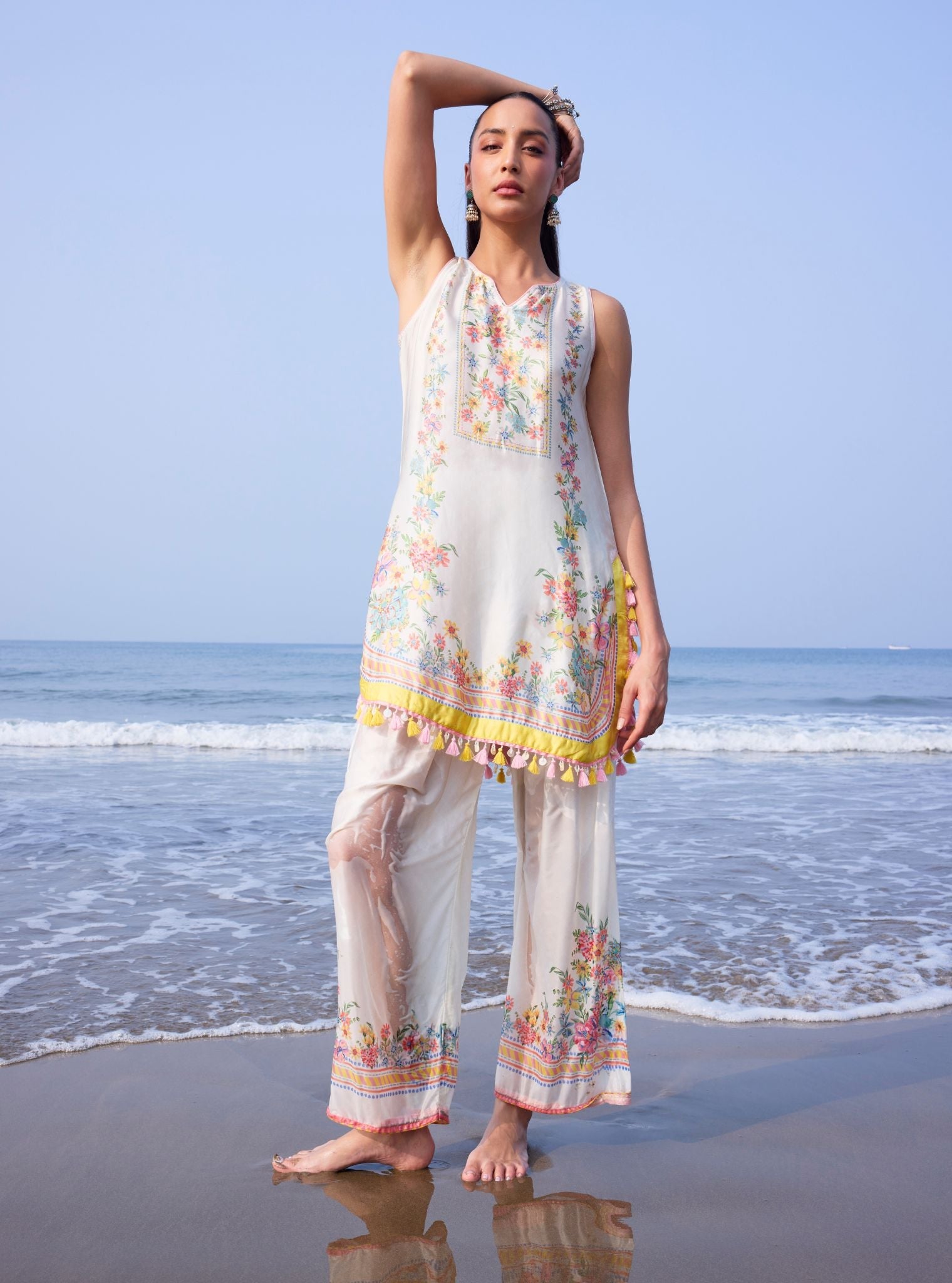 Zivae Cupro Satin Printed Off White Kurta With Farshi Salwar