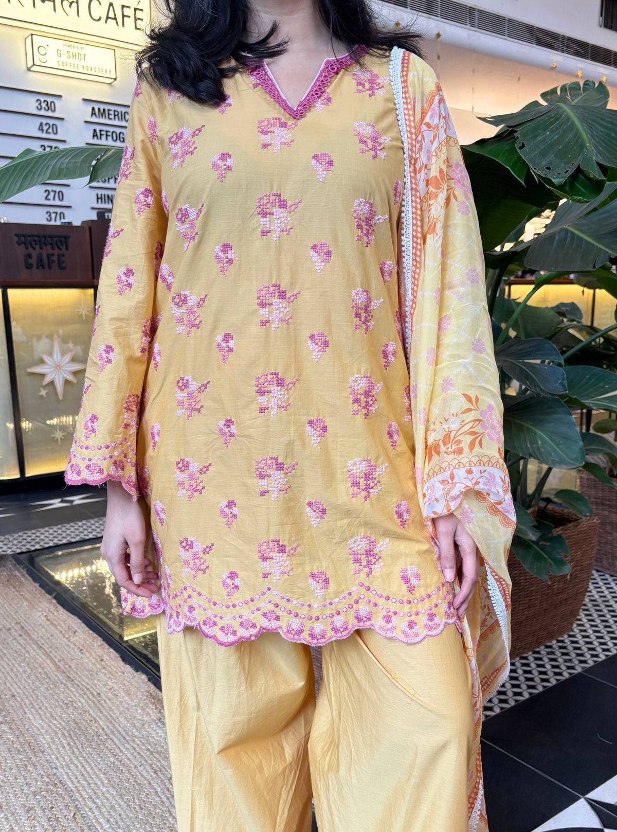 Aviya Supima Cotton Yellow Kurta With Farshi Salwar