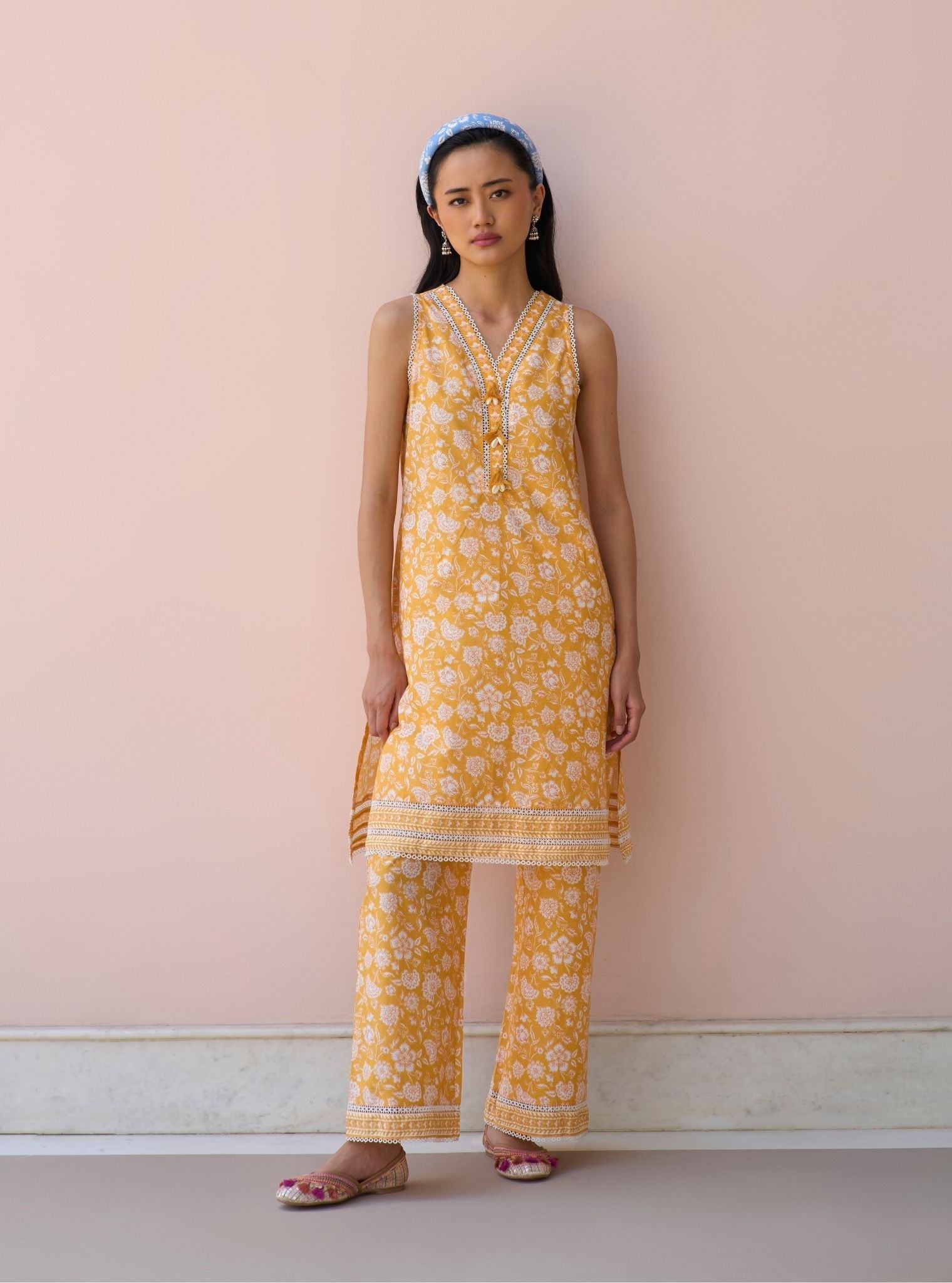 Aubriet Mustard Mulmul Cotton Kurta & Pant Set