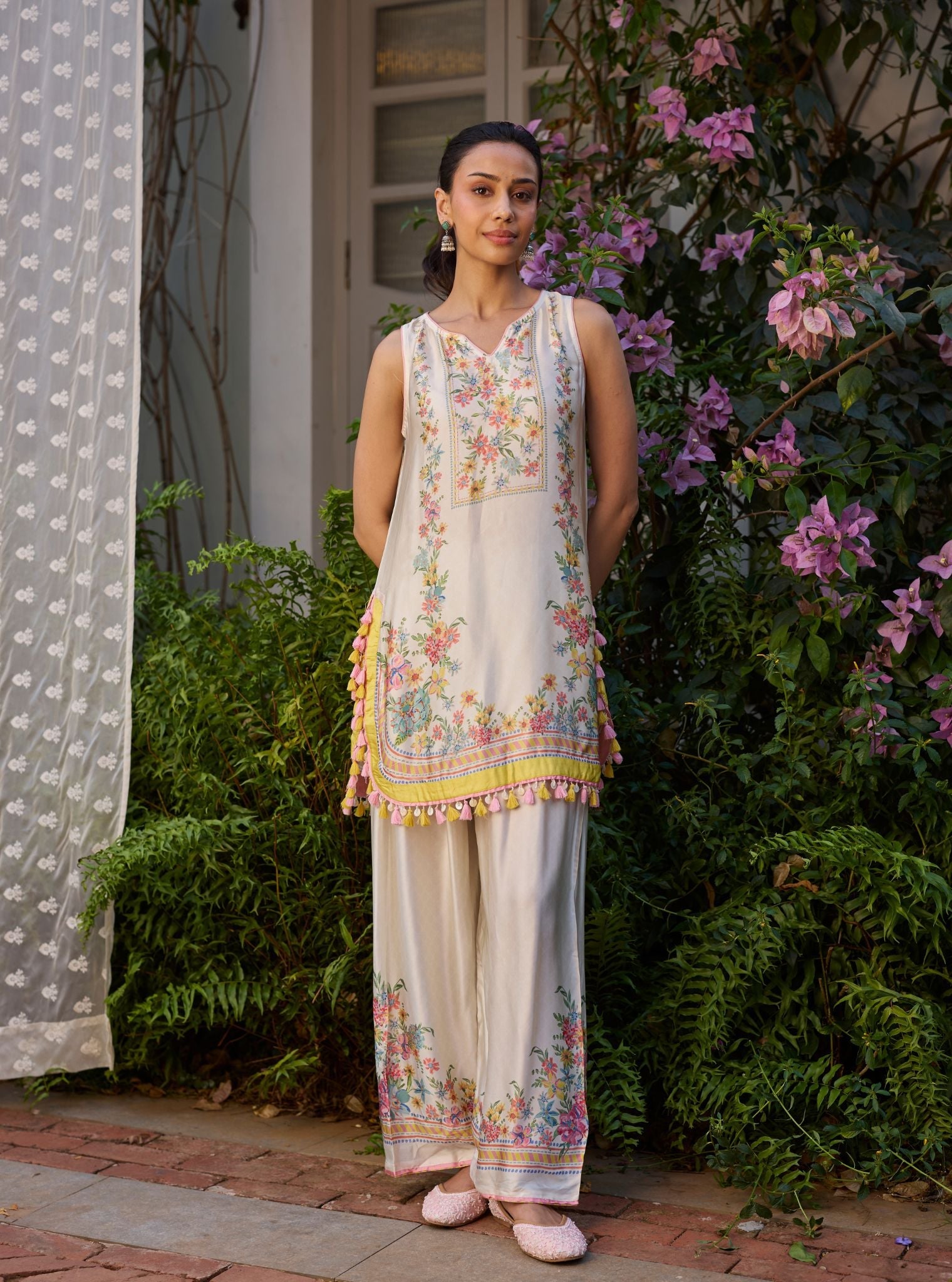 Zivae Cupro Satin Printed Off White Kurta With Farshi Salwar