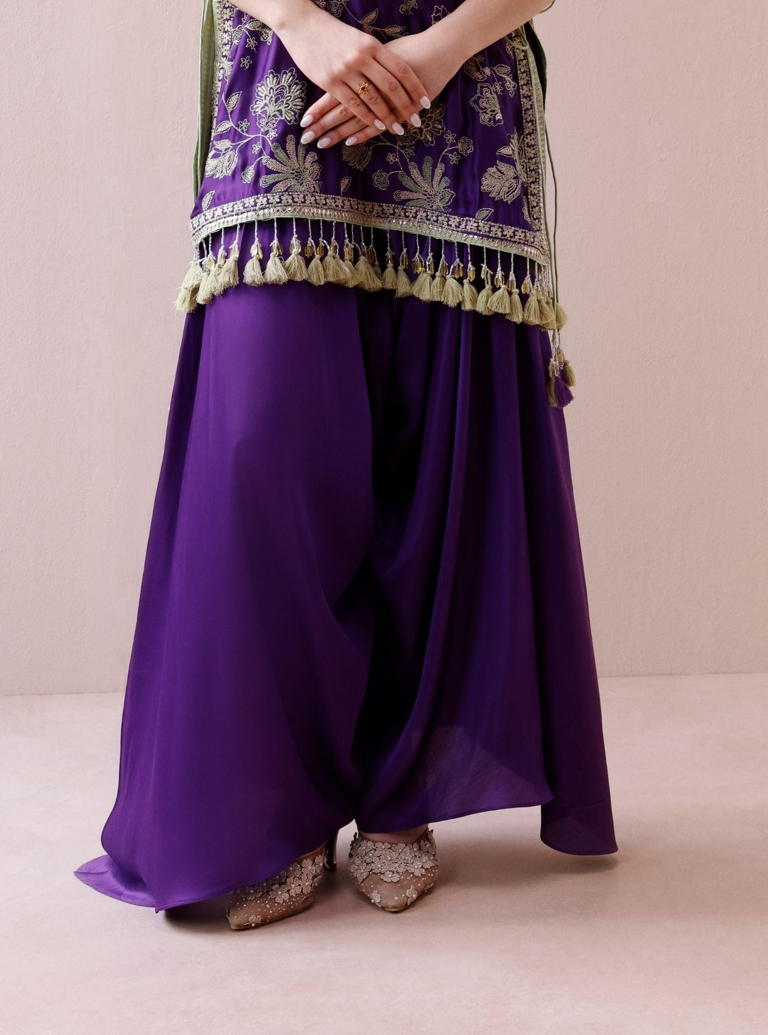 Zani Cupro Satin Purple Kurta with Draped Pants