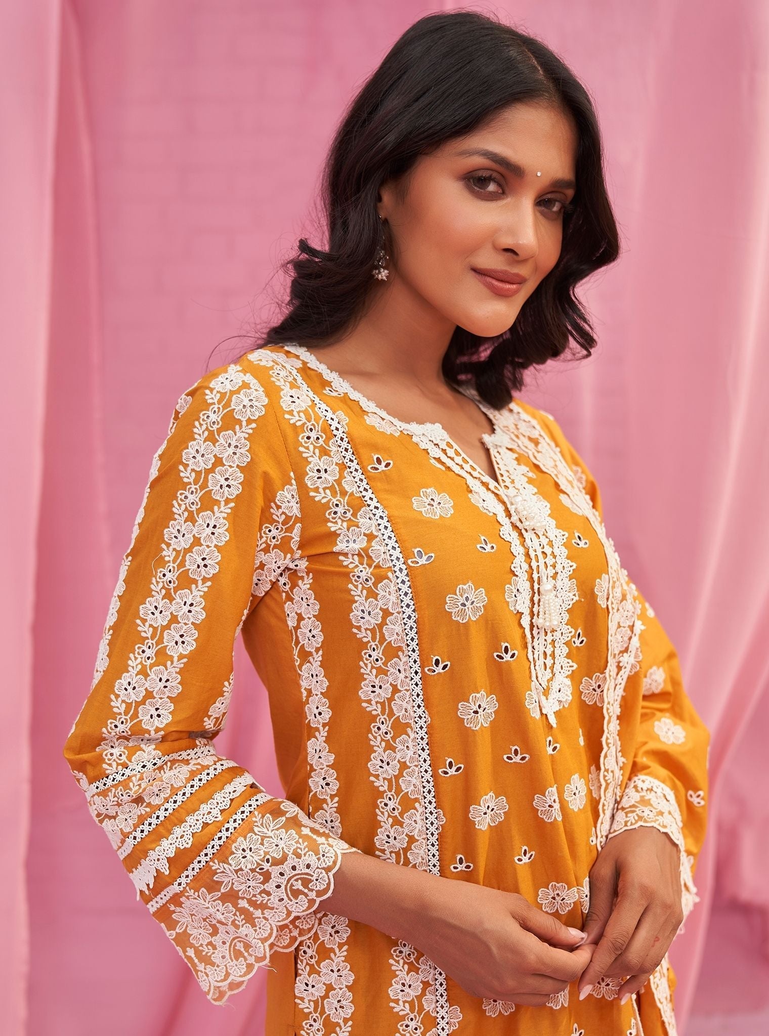 Mulmul Cotton Tamaya Orange Kurta With Mulmul Cotton Tamaya Orange Pant