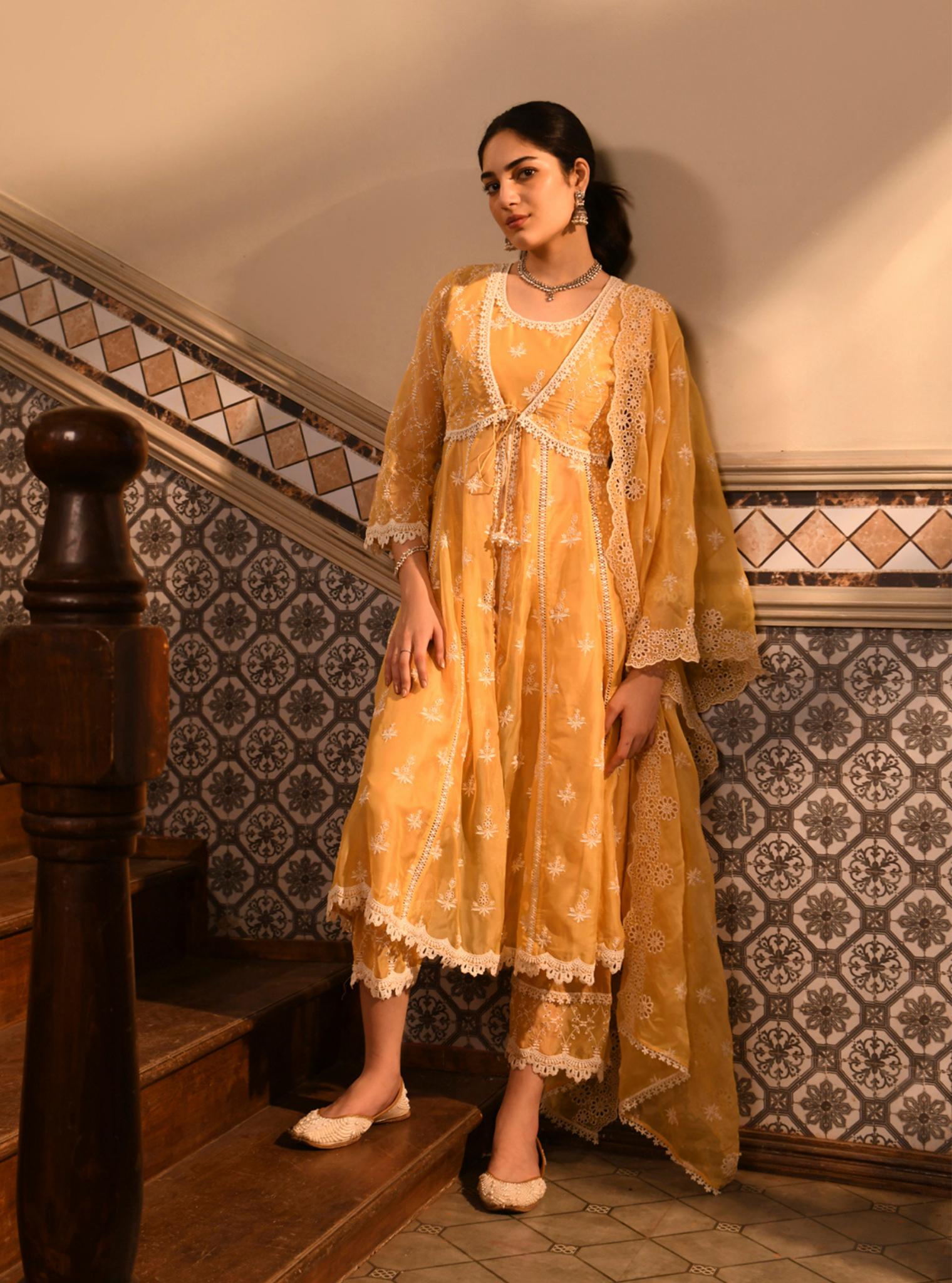 Mulmul Organza Nyla Yellow Kurta With Mulmul Cotton Nyla Yellow Pant