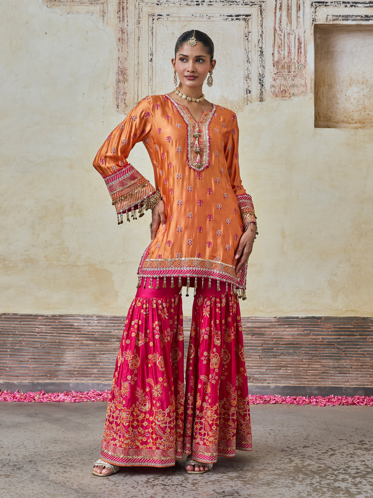 Surkhi Cupro Satin Orange Kurta with Garara