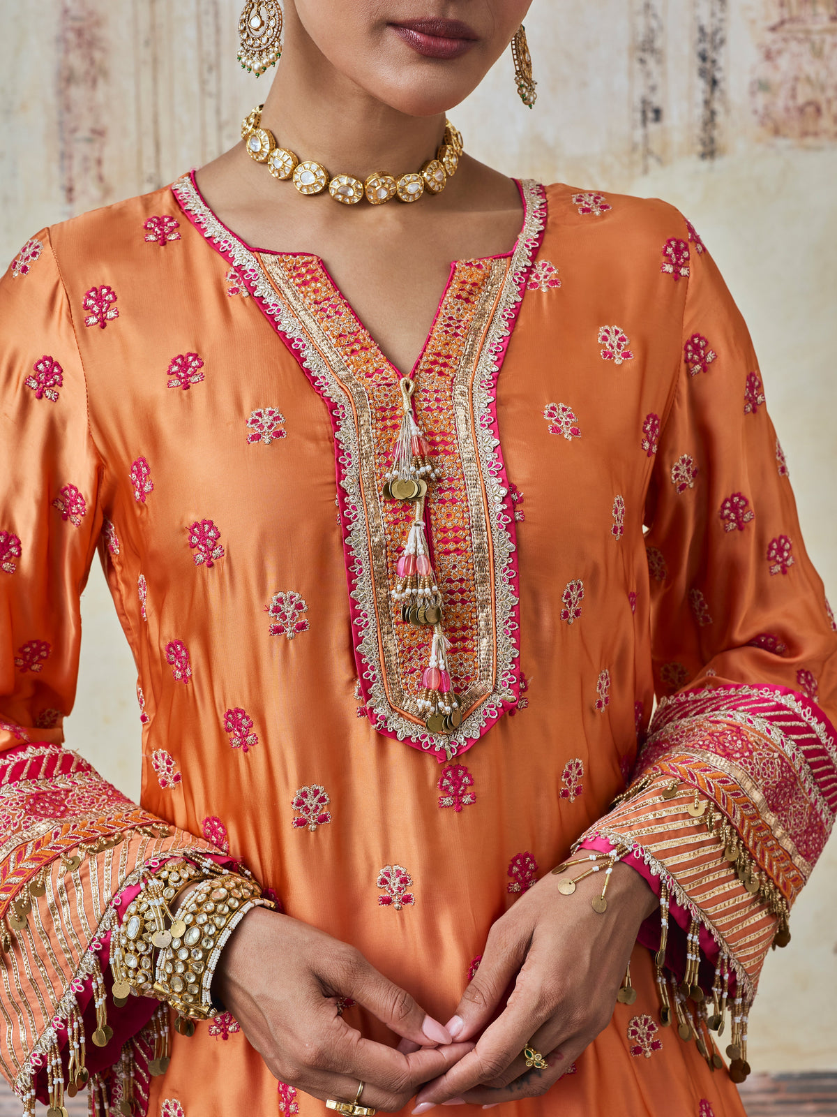 Surkhi Cupro Satin Orange Kurta with Garara