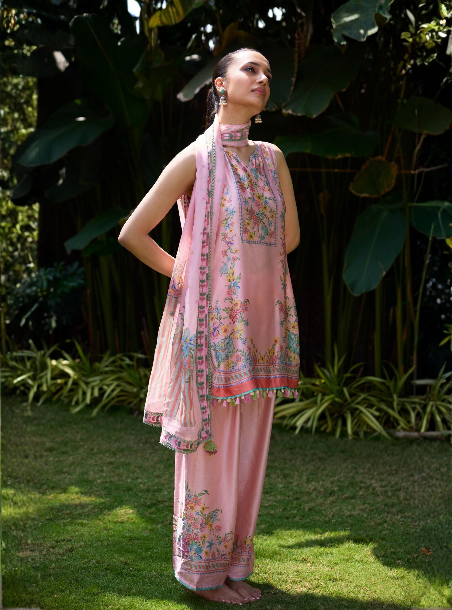 Zivae Cupro Satin Printed Pink Kurta With Farshi Salwar