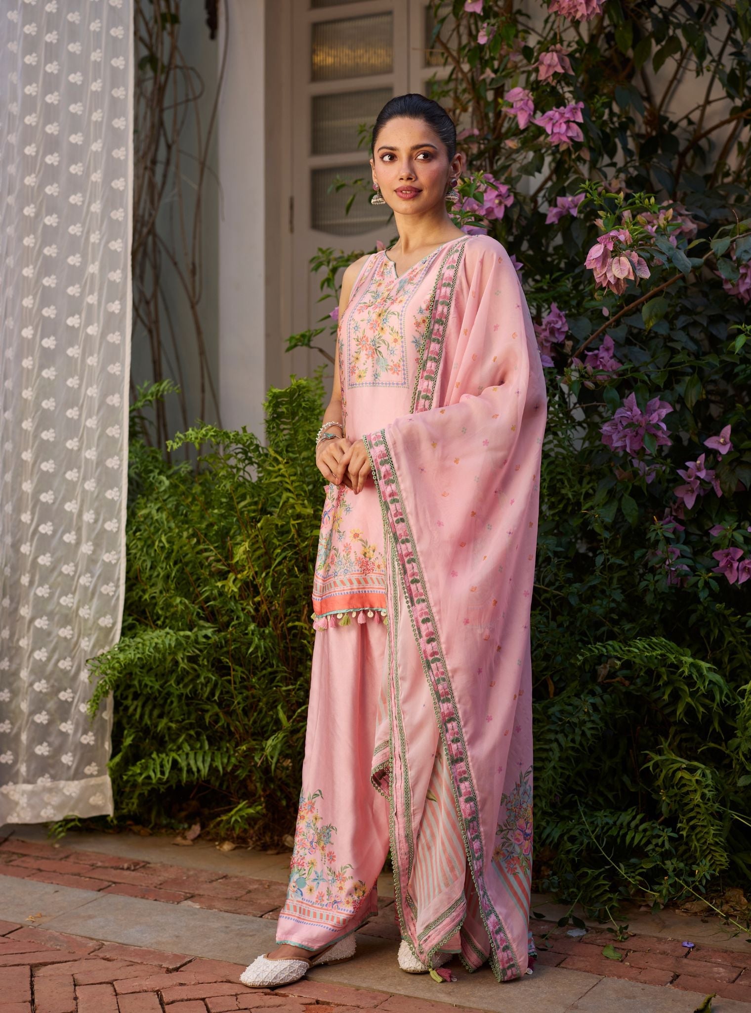 Zivae Cupro Satin Printed Pink Kurta With Farshi Salwar