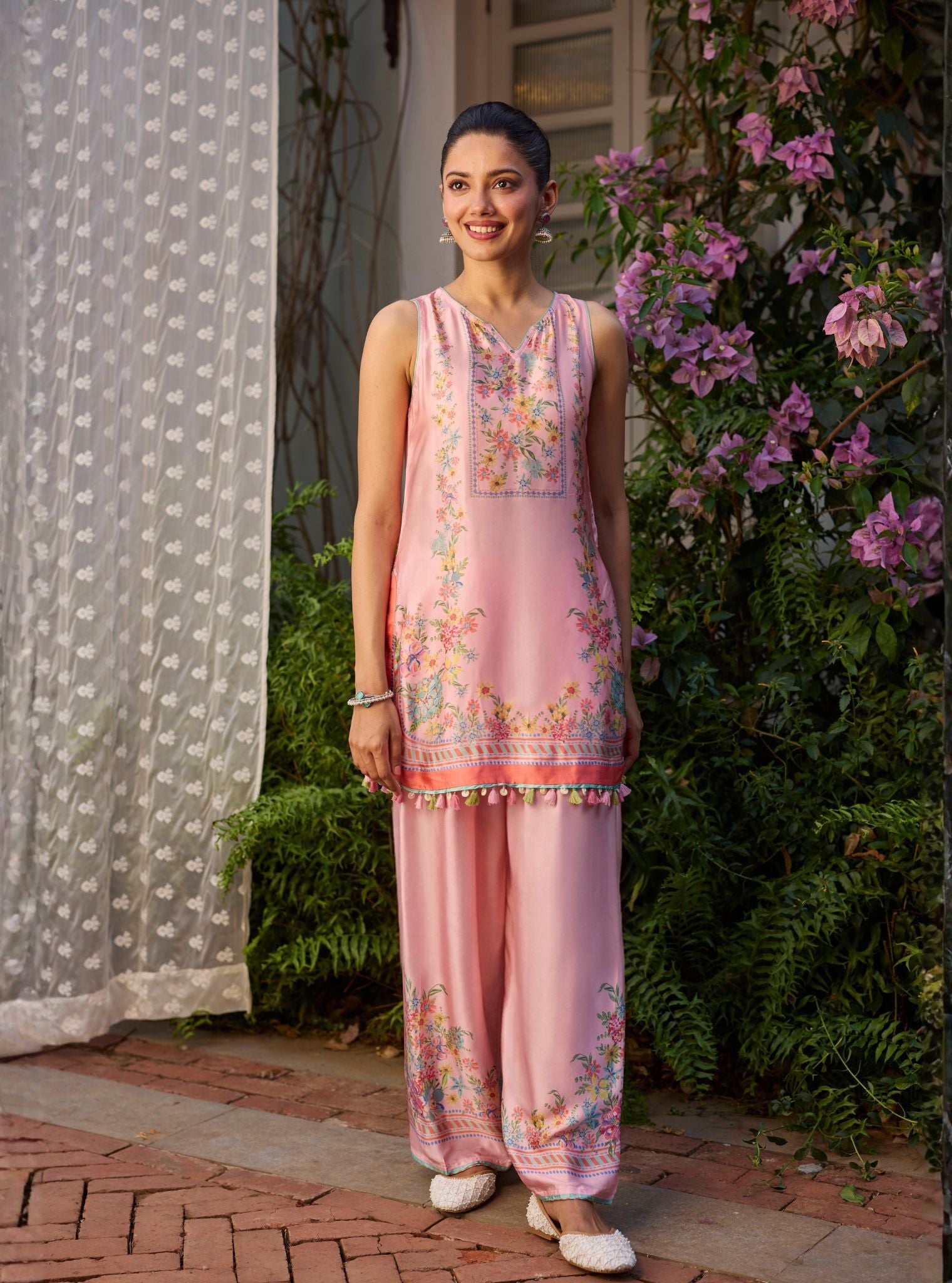 Zivae Cupro Satin Printed Pink Kurta With Farshi Salwar