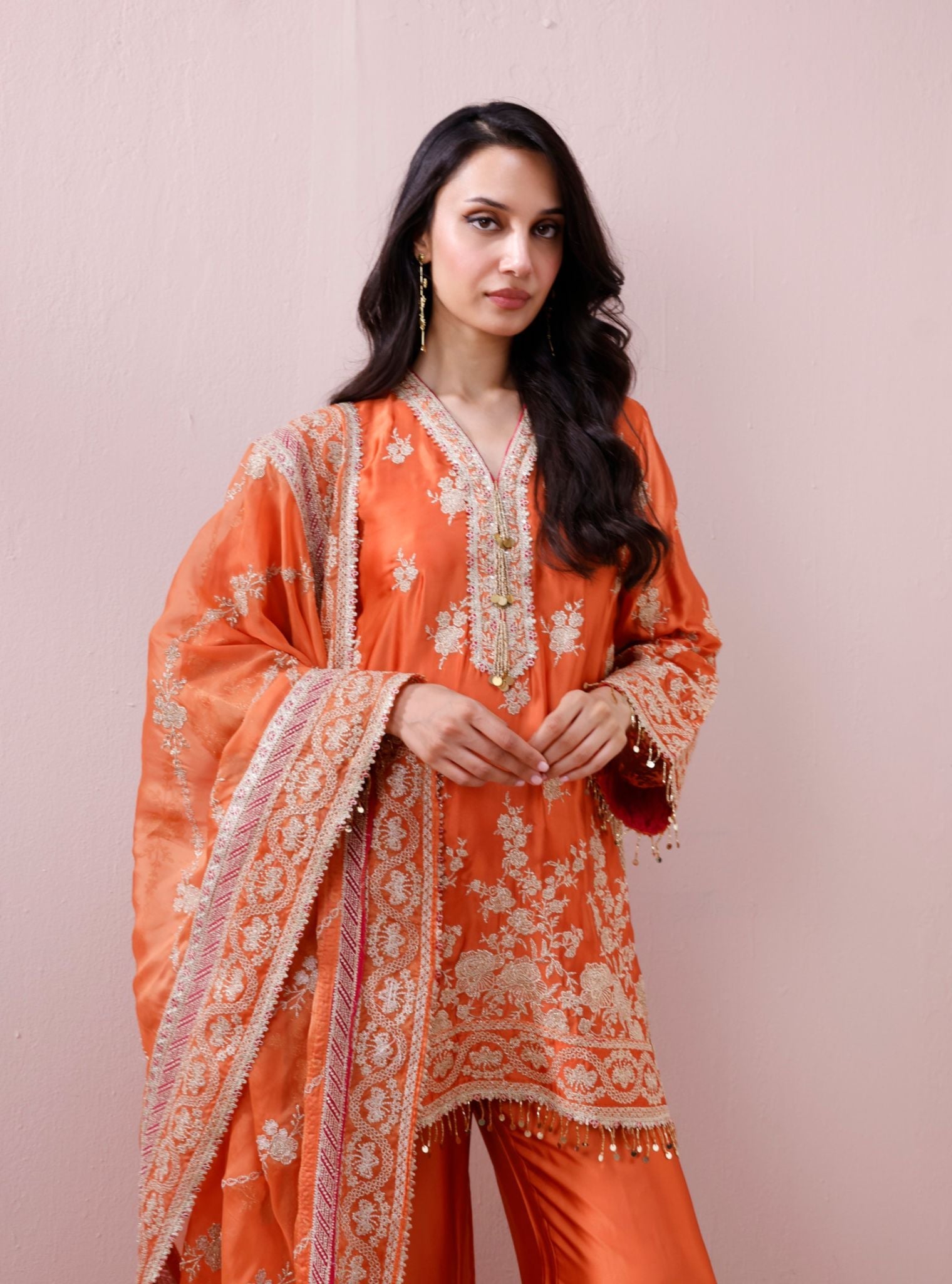 Saaj Cupro Satin Orange Kurta Set