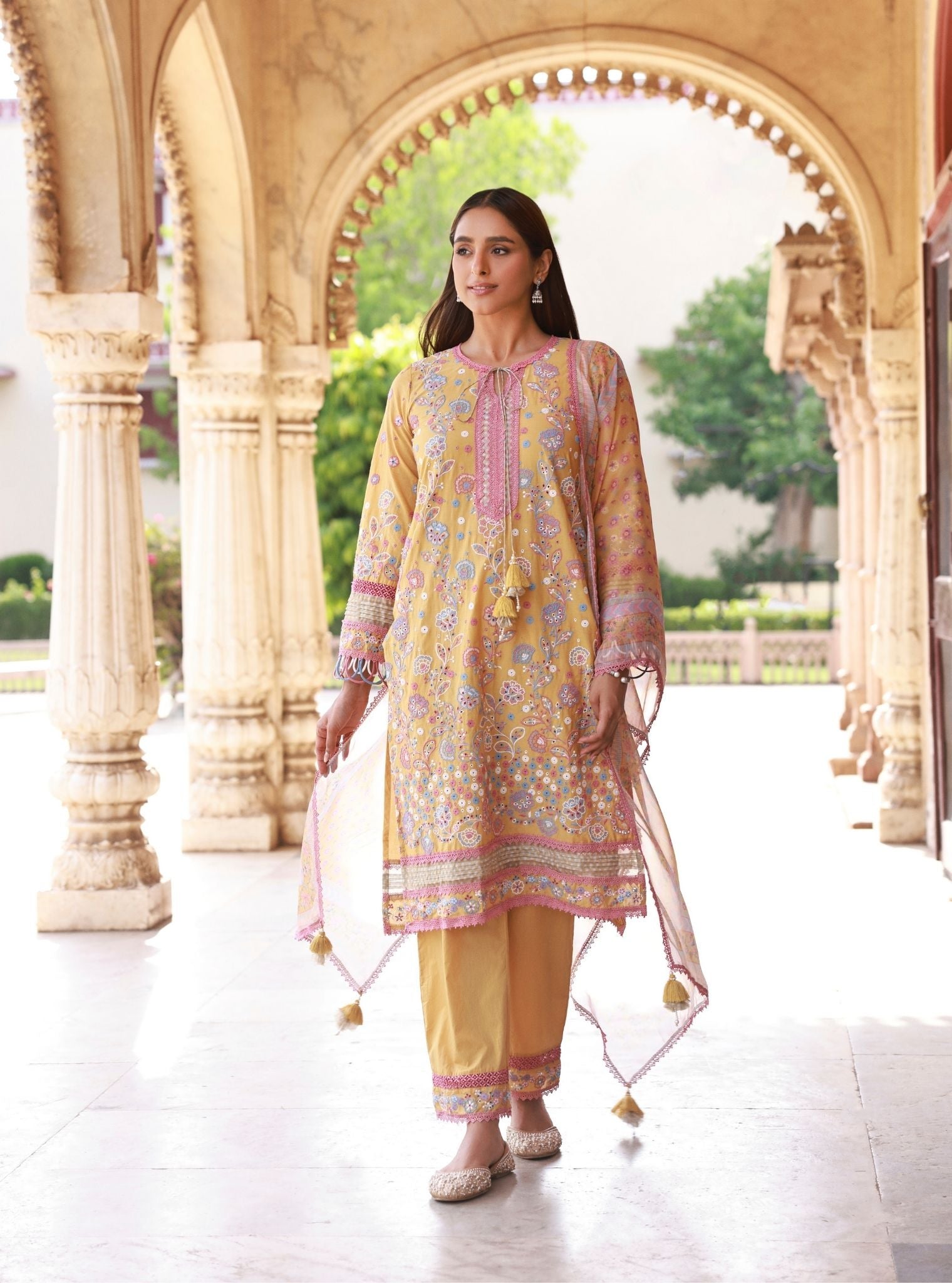 Mulmul Organza Printed Avarni Mustard Dupatta