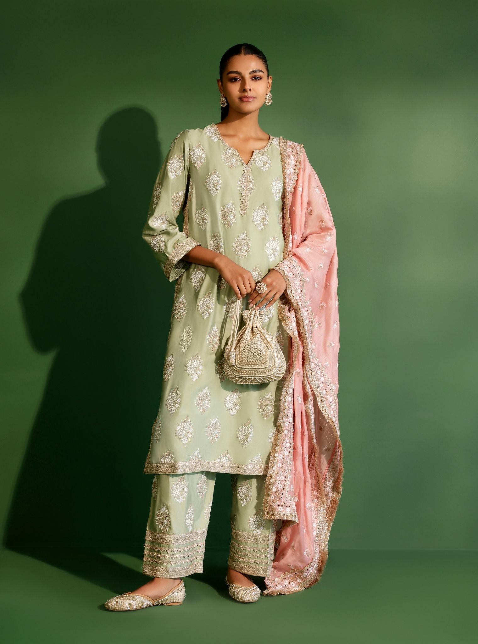 Mulmul Pima Satin Calita Green Kurta With Mulmul Pima Satin Calita Green Pant