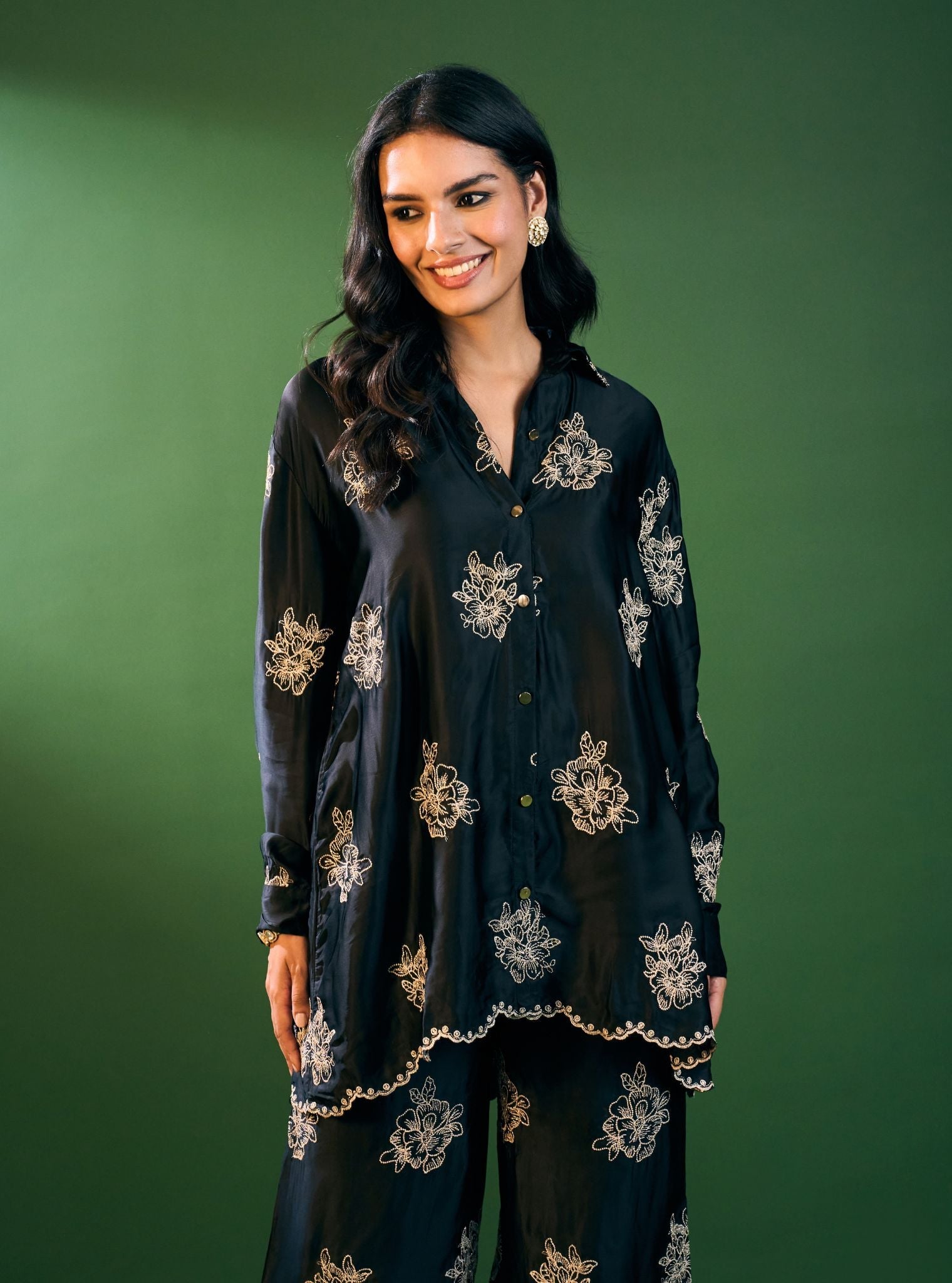 Mireille Cupro Satin Black Shirt & Pant Set