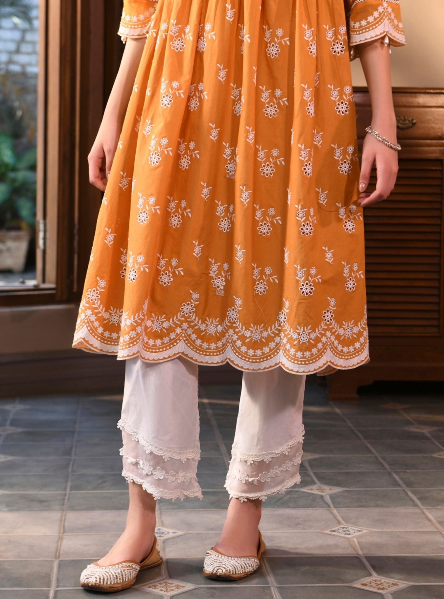 Mulmul Cotton Afarin Orange Kurta With Mulmul Cotton Round Hem Organza Panel White Pant