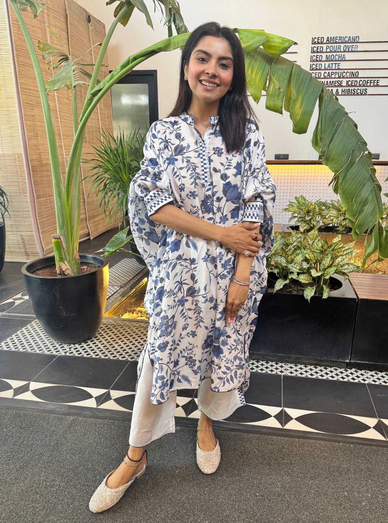Marius Lawn Printed White/Navy Kurta Set