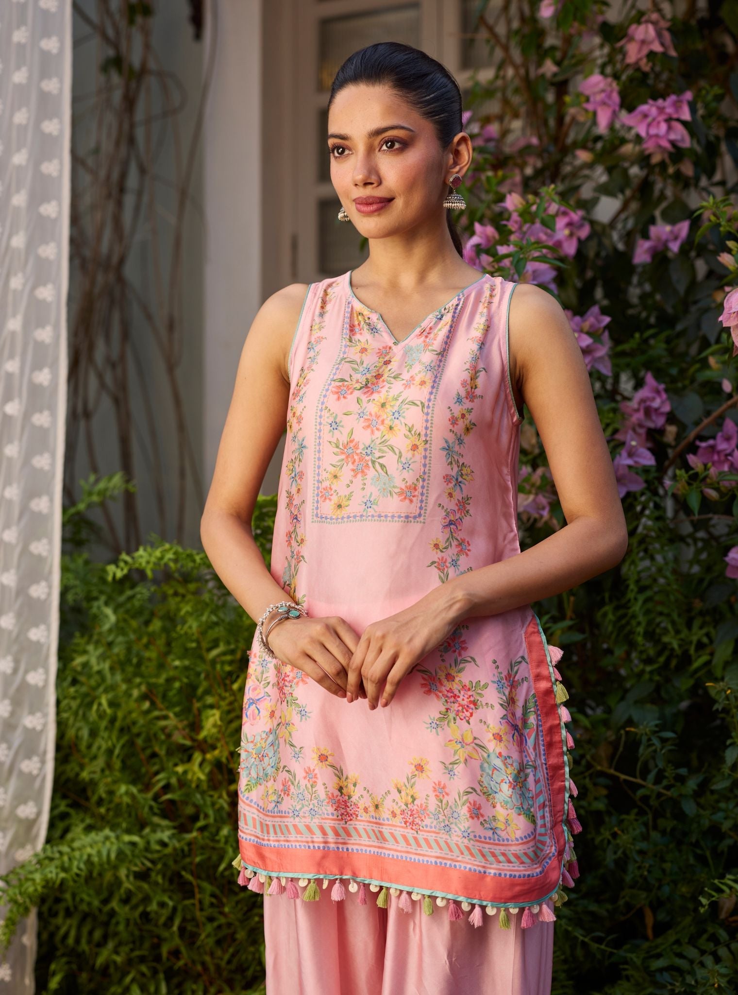 Zivae Cupro Satin Printed Pink Kurta With Farshi Salwar