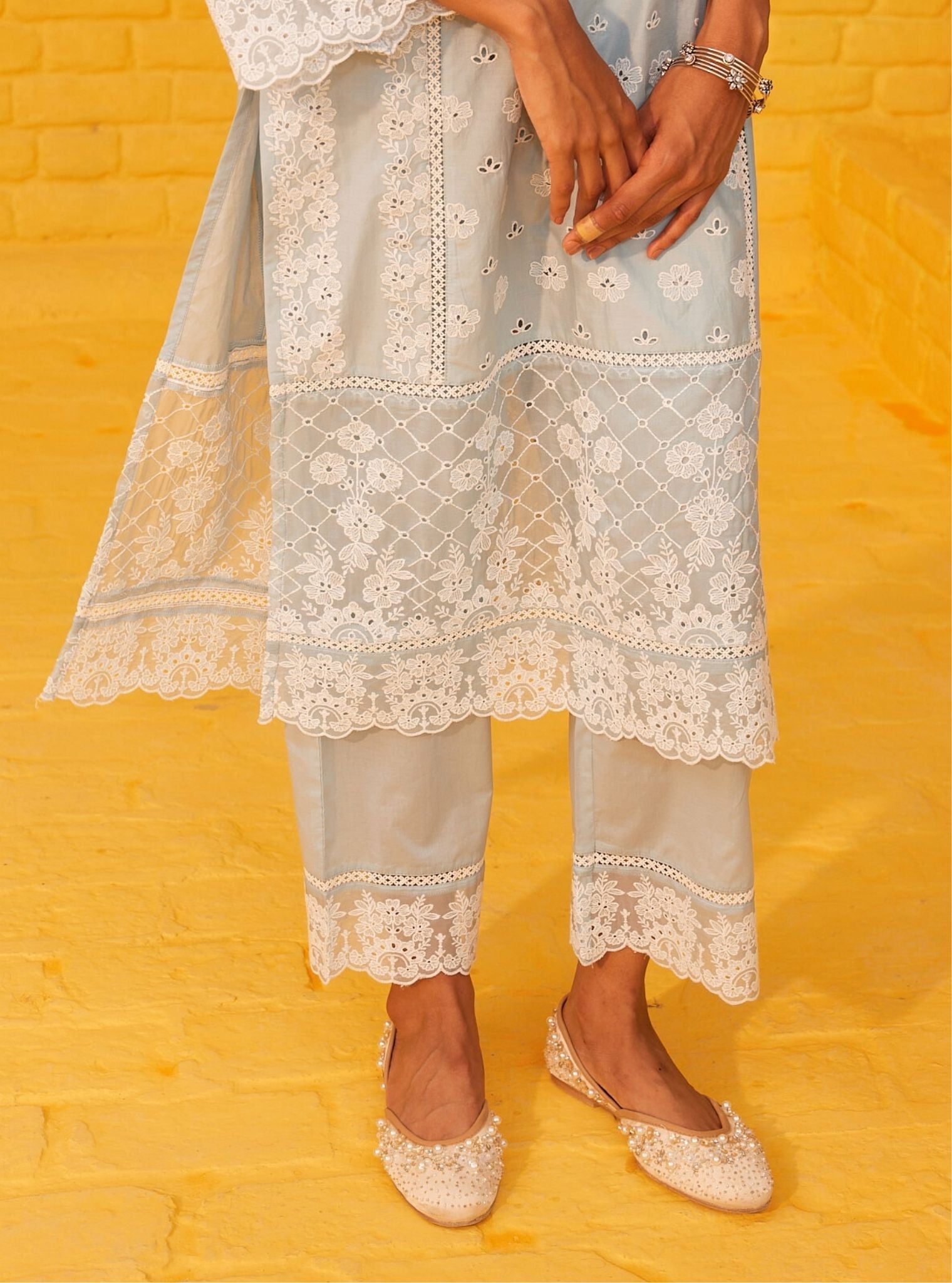 Mulmul Cotton Tamaya Light Blue Kurta With Mulmul Cotton Tamaya Light Blue Pant