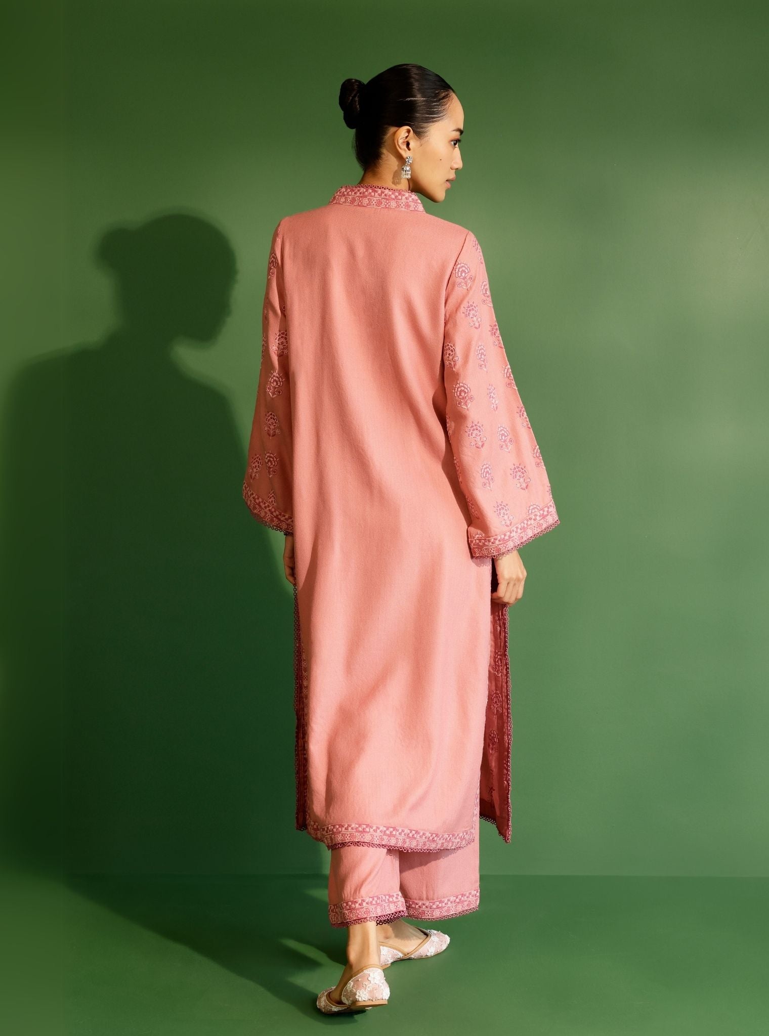 Mulmul Wool Harlow Pink Kurta With Mulmul Wool Harlow Pink Pant