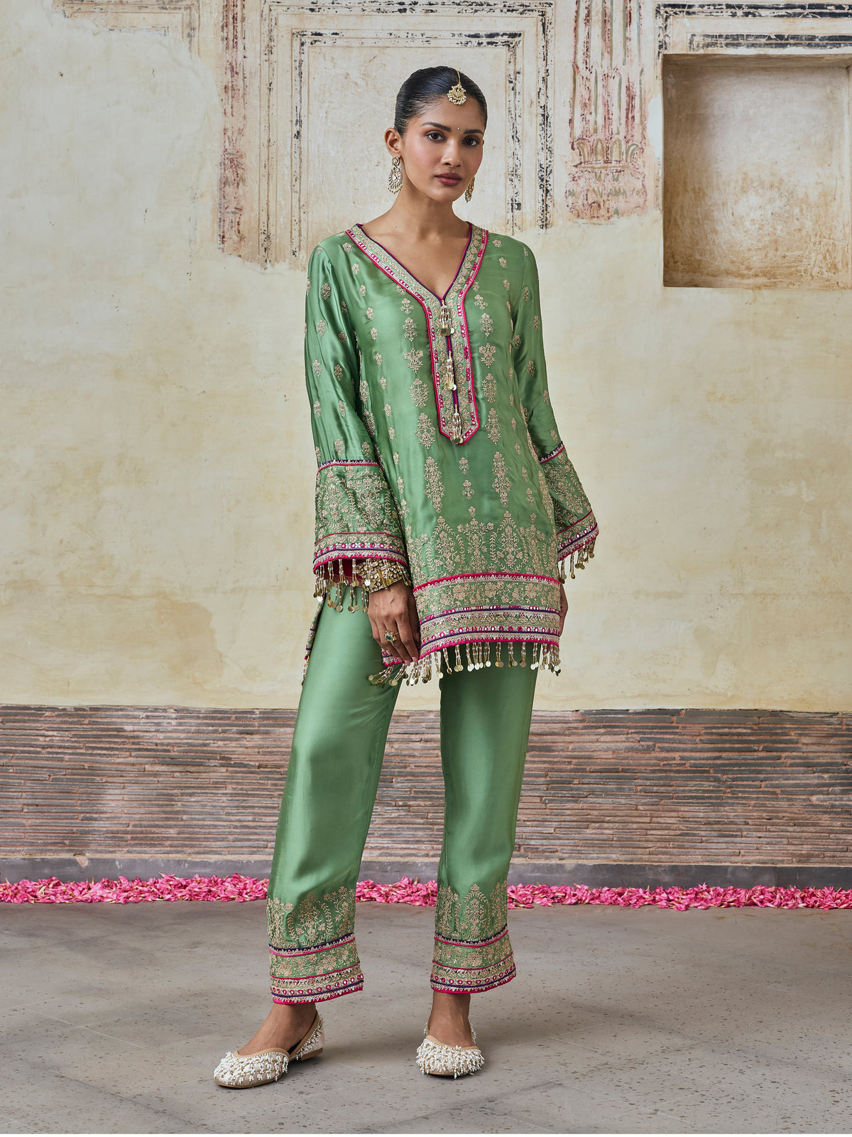 Yaira Cupro Satin Matcha Green Kurta Set