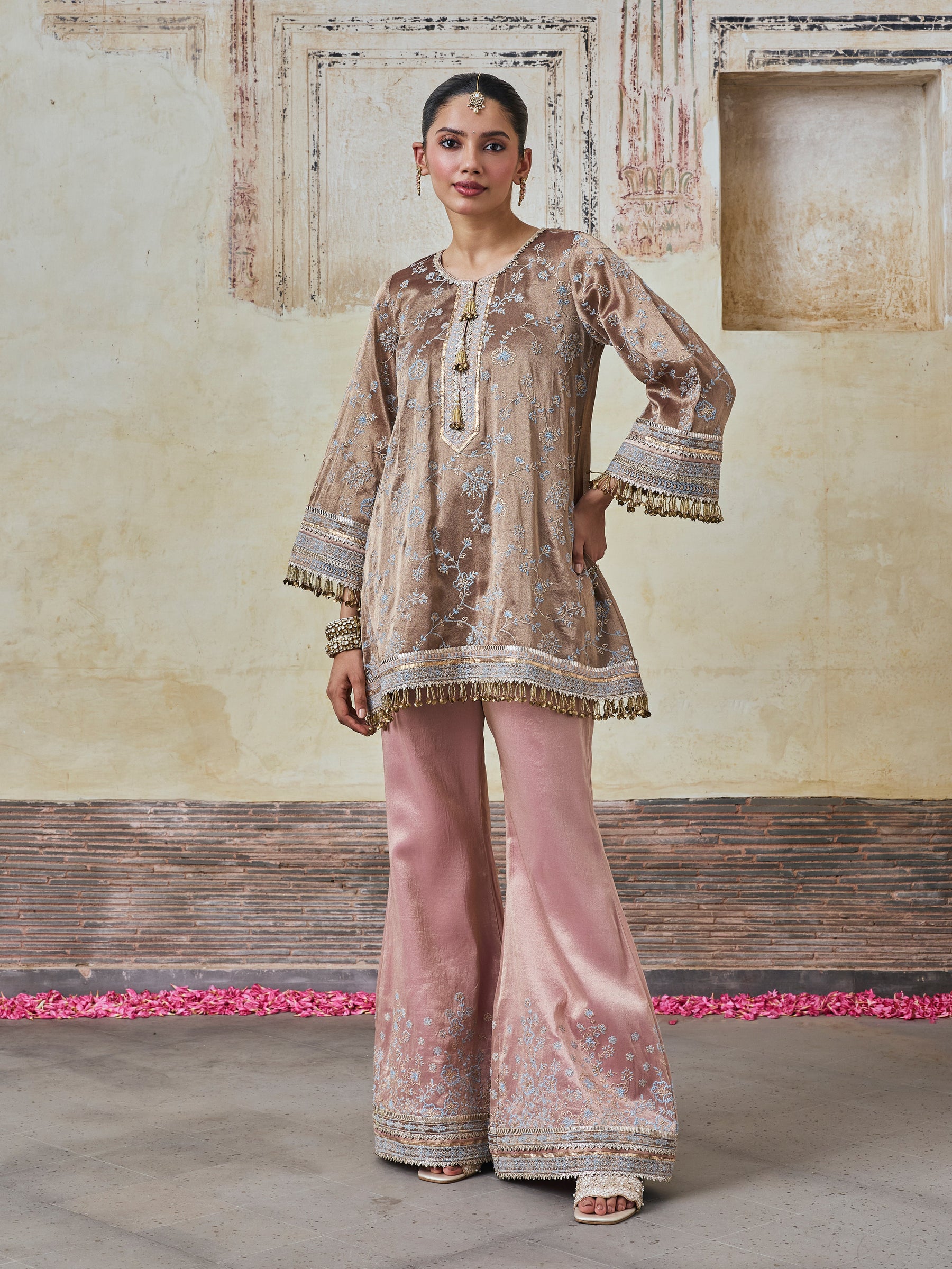 Odhira Tissue Organza Brown & Pink Kurta Set