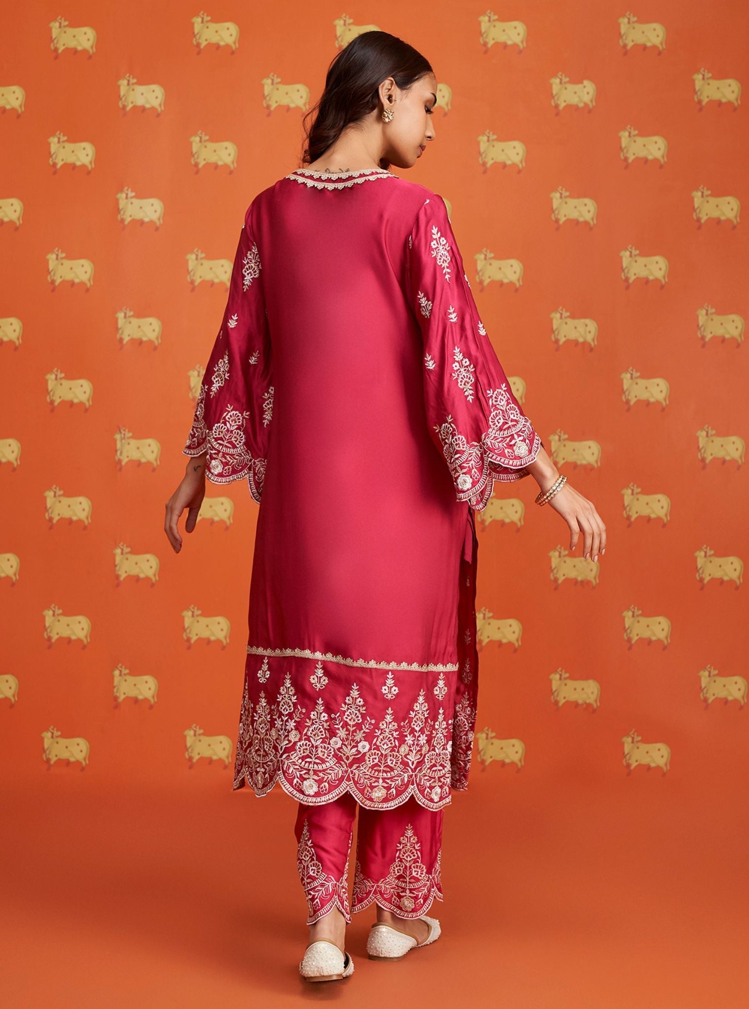 Mulmul Cupro Satin Emon Fuschia Kurta With Mulmul Cupro Satin Emon Fuschia Pant