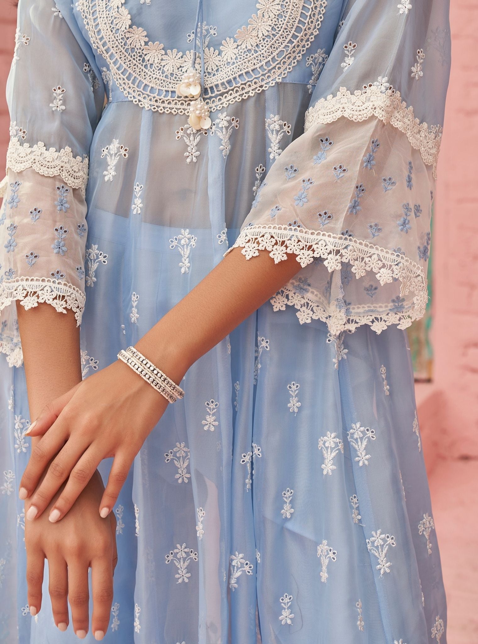 Mulmul Organza Sybil Blue Anarkali Kurta With Mulmul Cotton Sybil Blue Pant