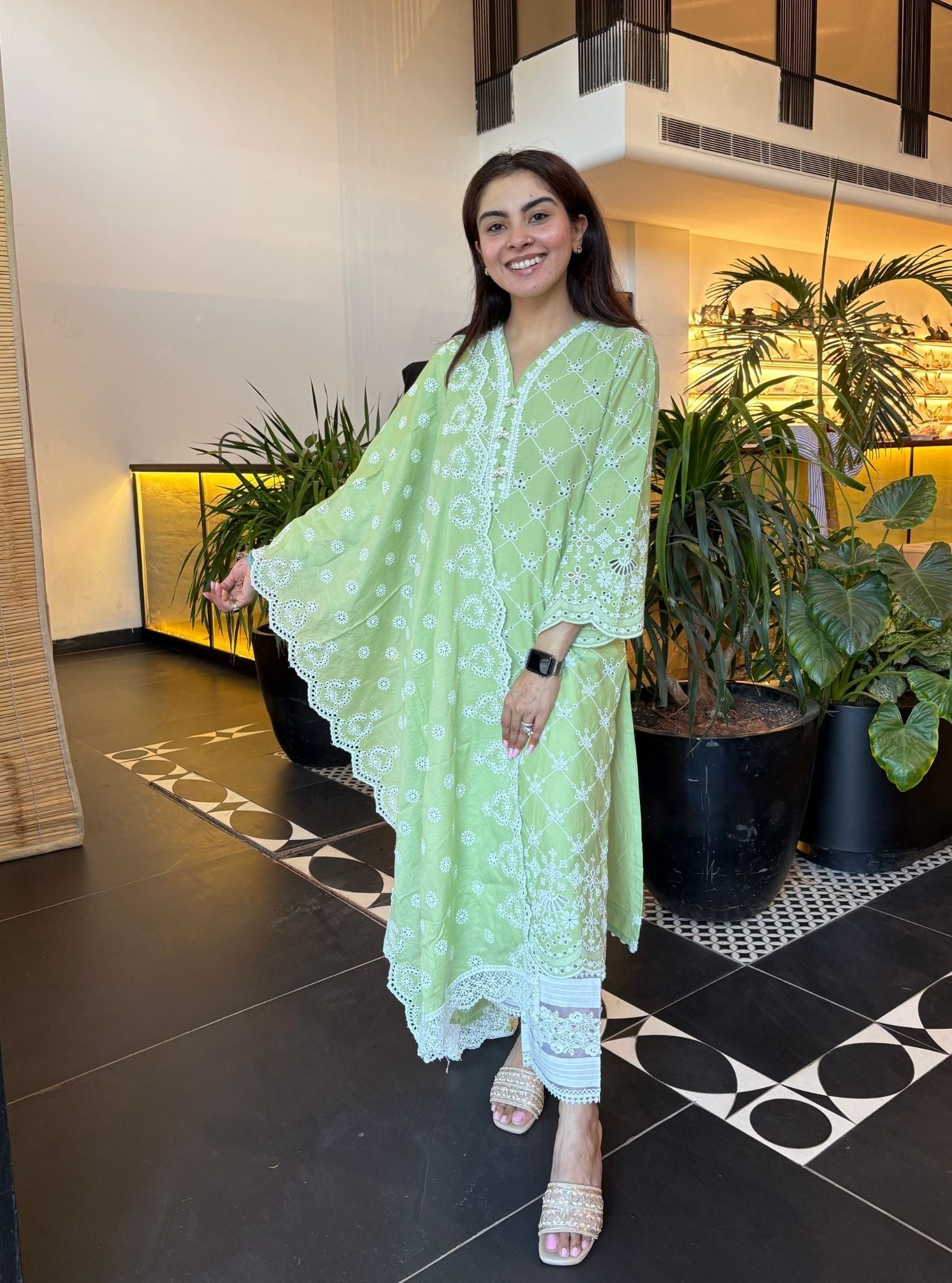 Perth Supima Cotton Green Kurta with New Pintuck White Pant Set