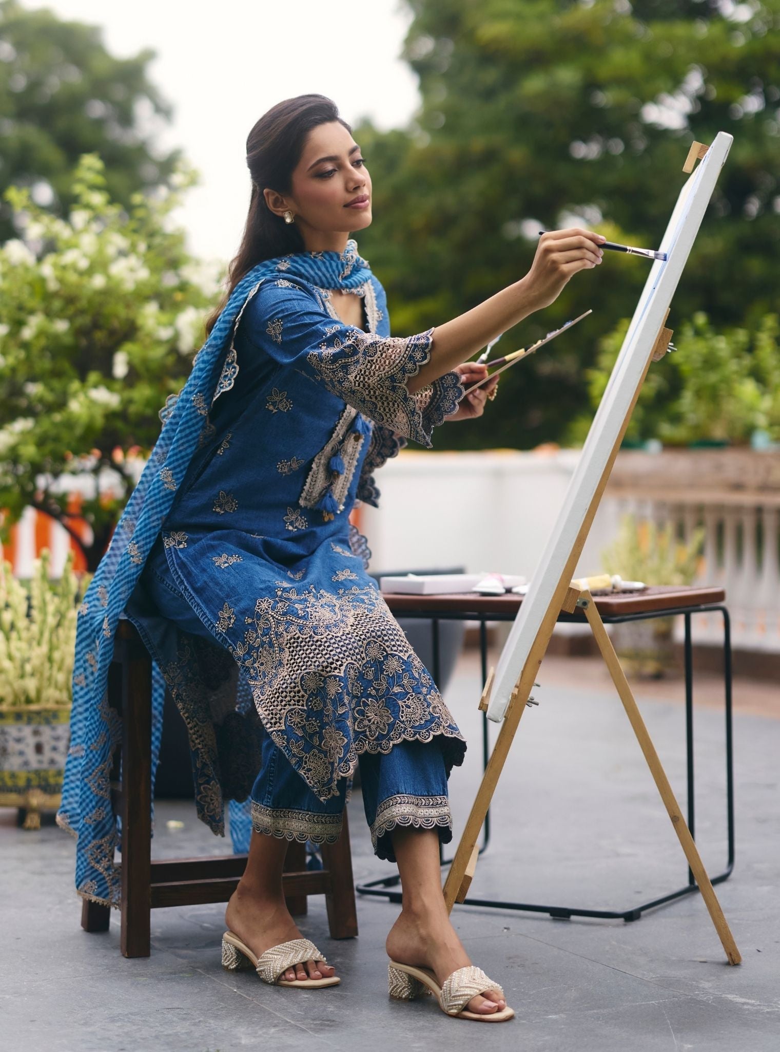 Mulmul Organza Stripe Printed Luri Denim Dupatta