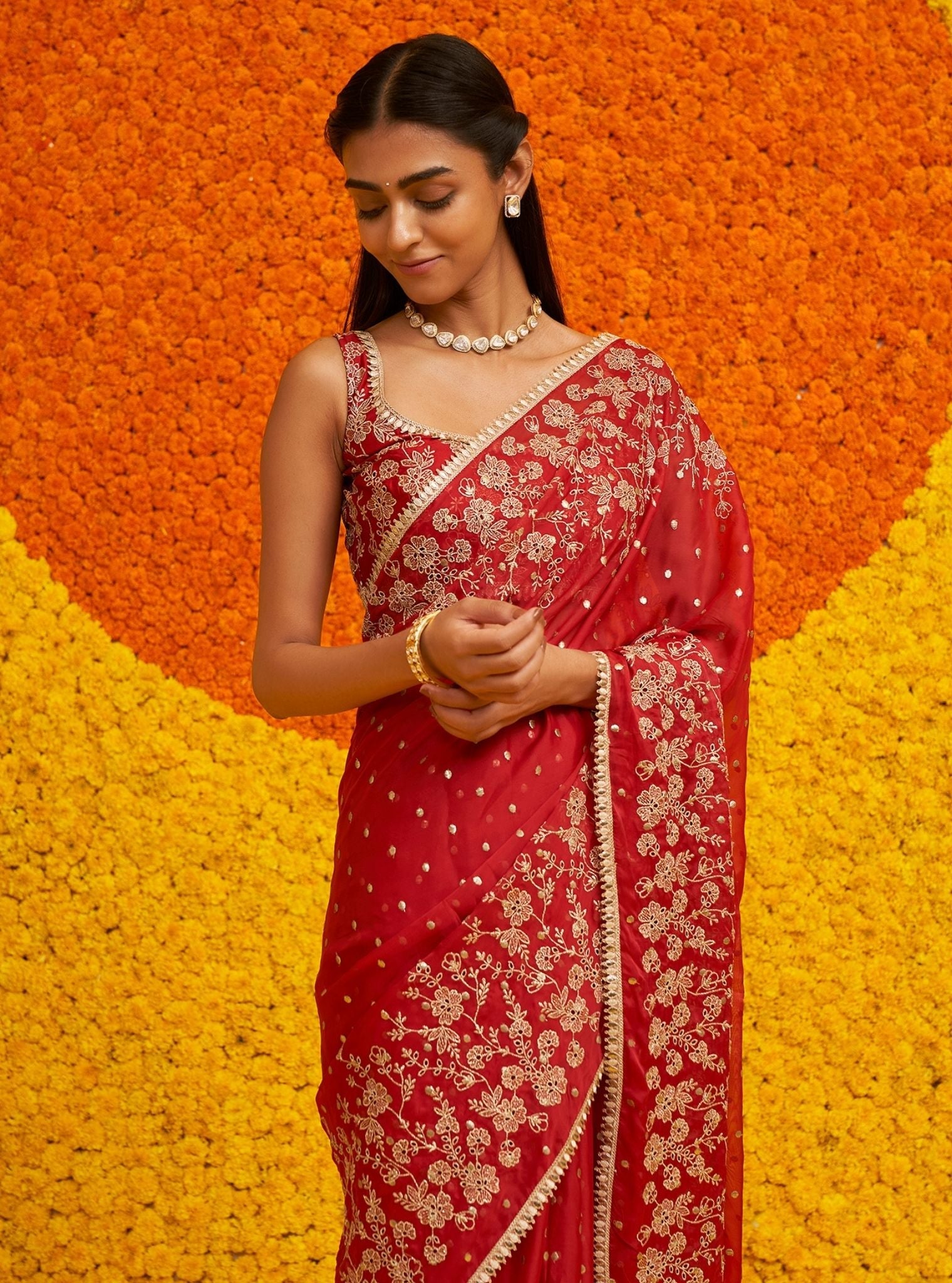 Mulmuil Organza Jigar Red Saree