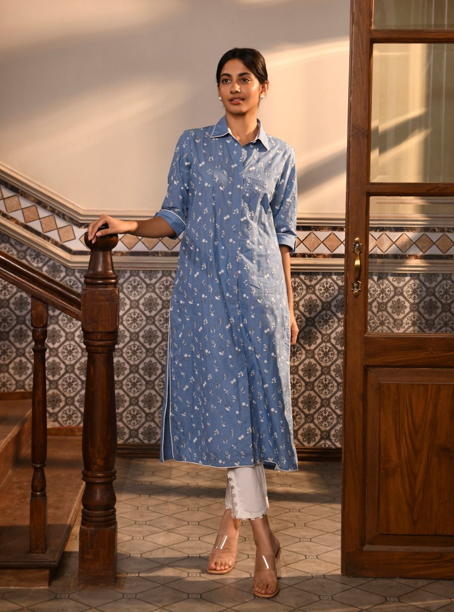 Mahin Cotton Blue Kurta With High Side Slit Pant