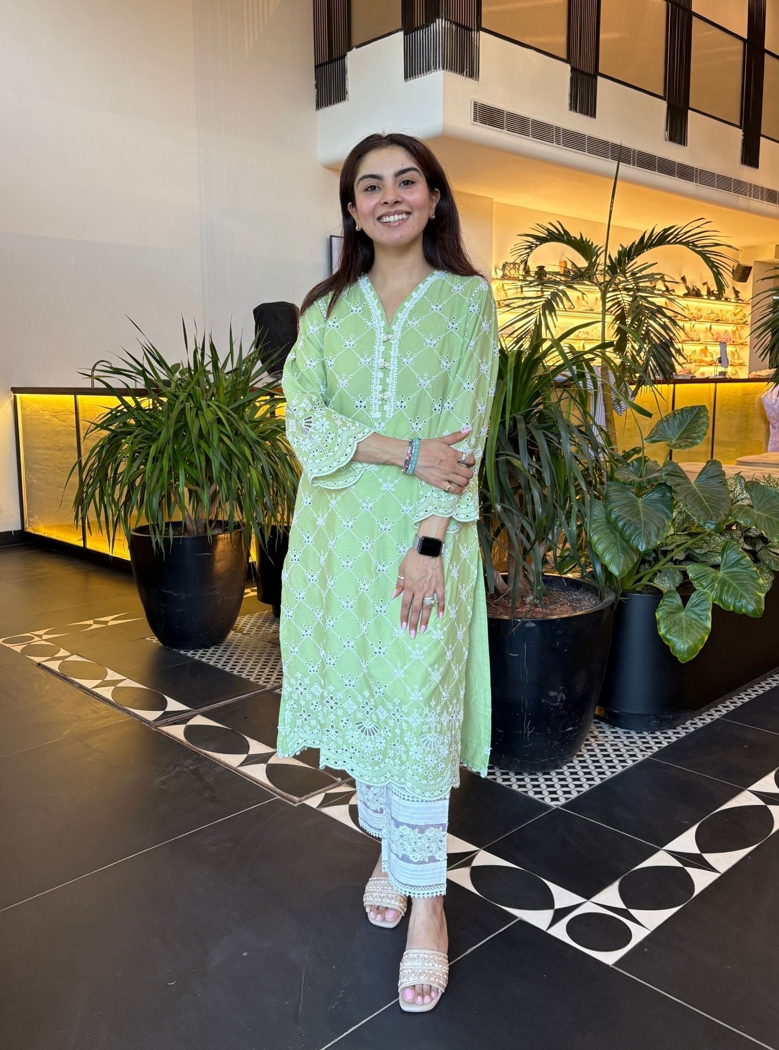 Perth Supima Cotton Green Kurta with New Pintuck White Pant Set