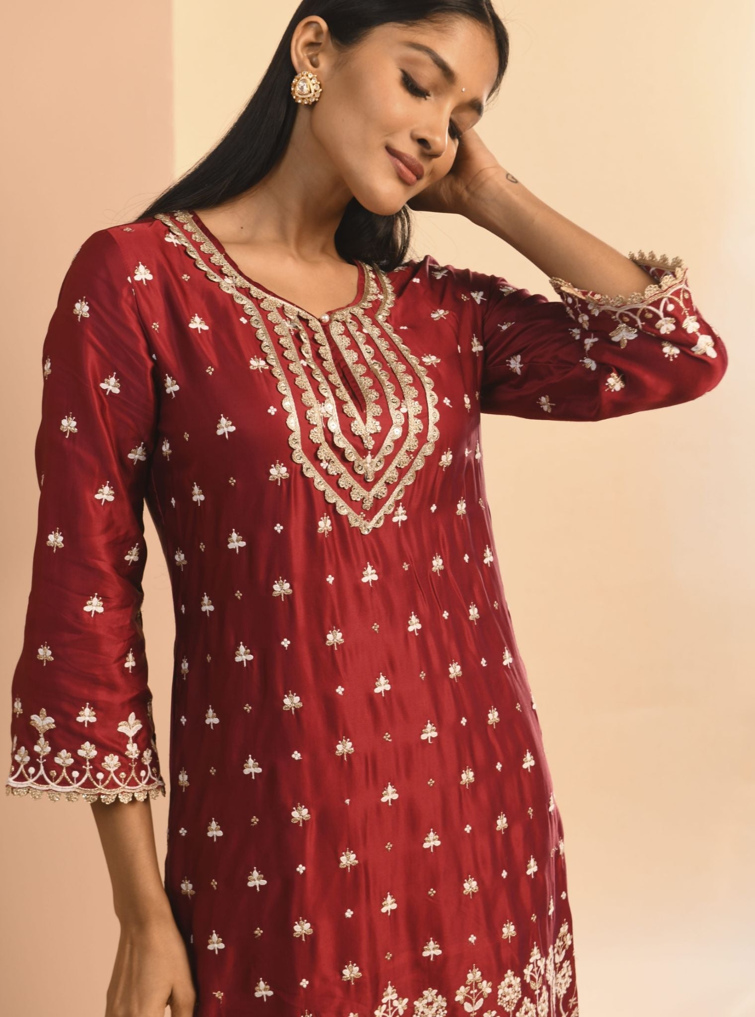 Mulmul Cupro Aarya Wine Kurta