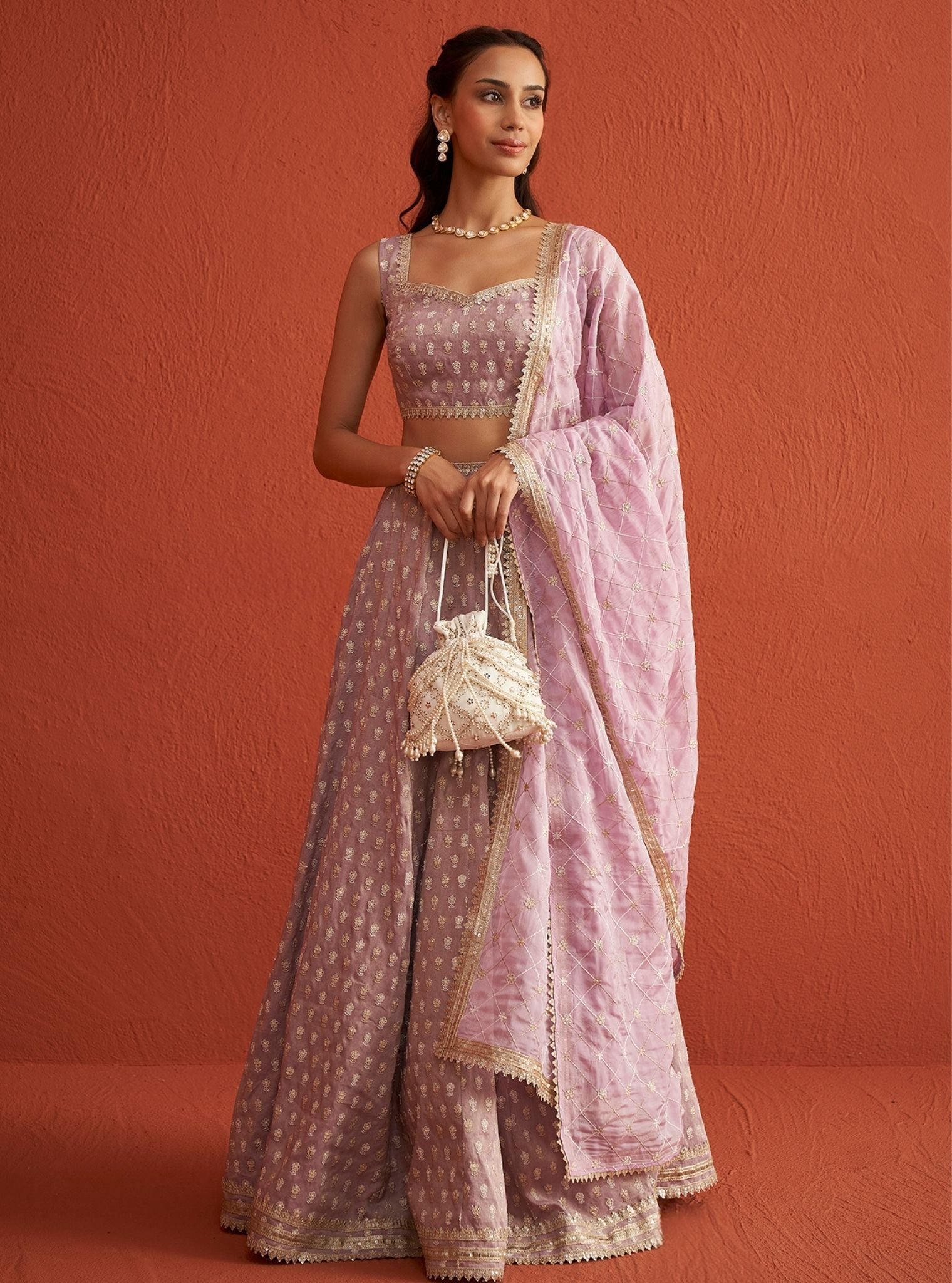 Mulmul Tissue Linen Satin Heeriye Lilac lehenga