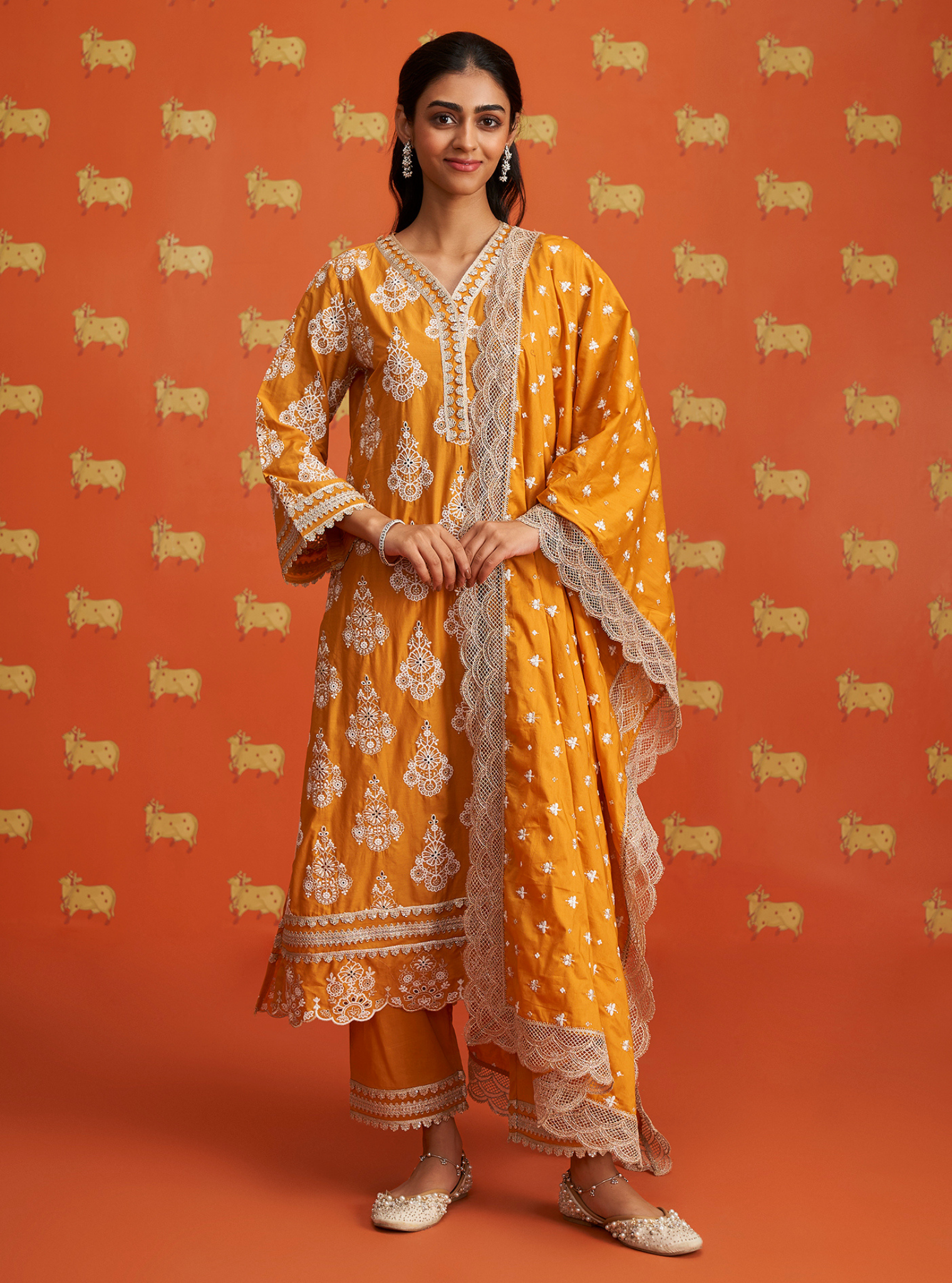 Mulmul Cotton Kaeo Orange Kurta With Mulmul Cotton Kaeo Orange Pant