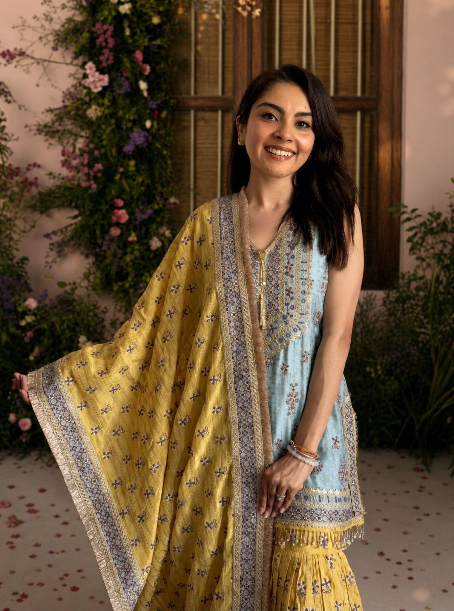 Dali Banarasi Blue Kurta with Mustard Garara