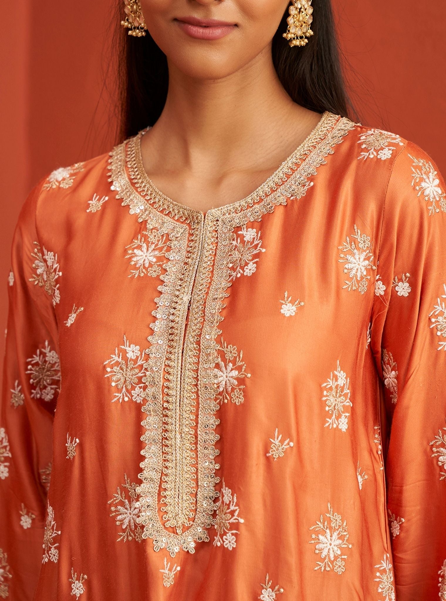 Mulmul Cupro Satin Kangna Burnt Orange Kurta With Mulmul Cupro Satin Kangna Burnt Orange Pant