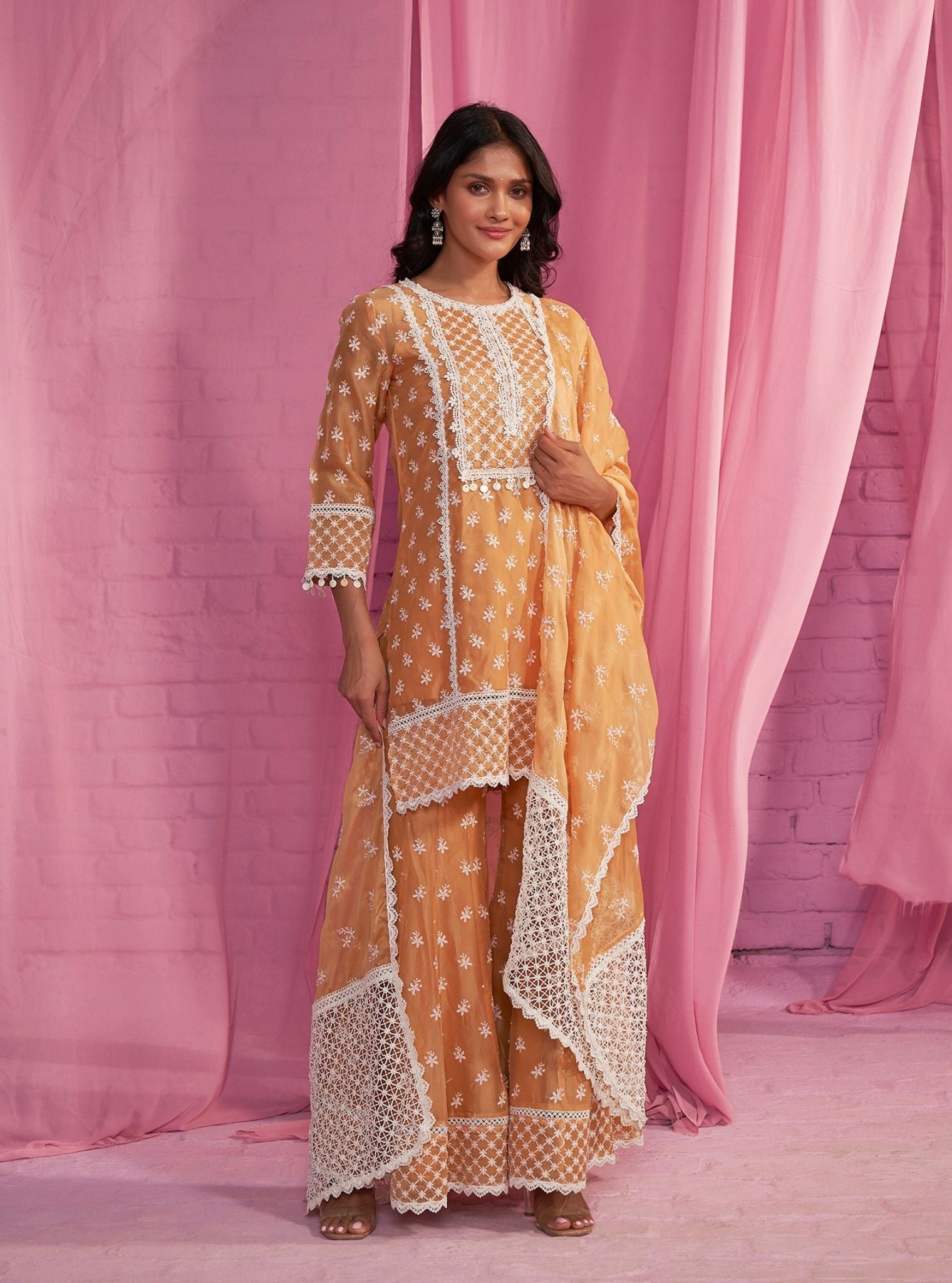 Mulmul Organza Raaga Orange Kurta With Mulmul Organza Raaga Orange Pant