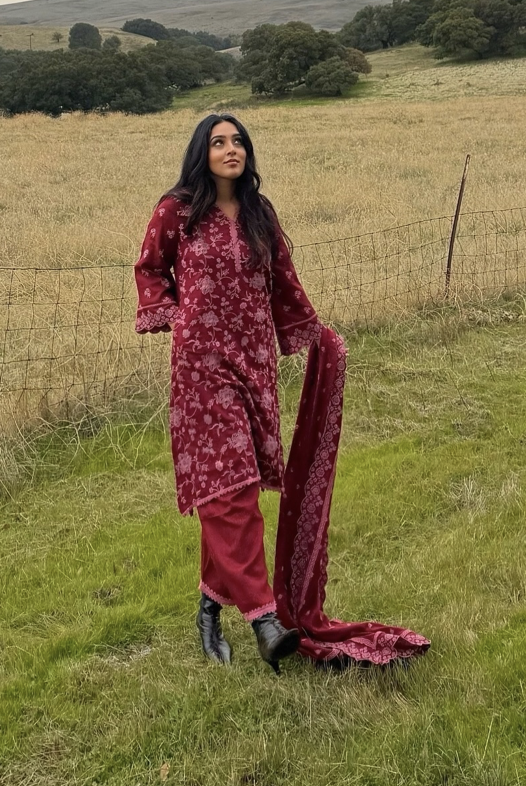 Mulmul Wool Juno Wine Kurta With Mulmul Wool Juno Wine Pant