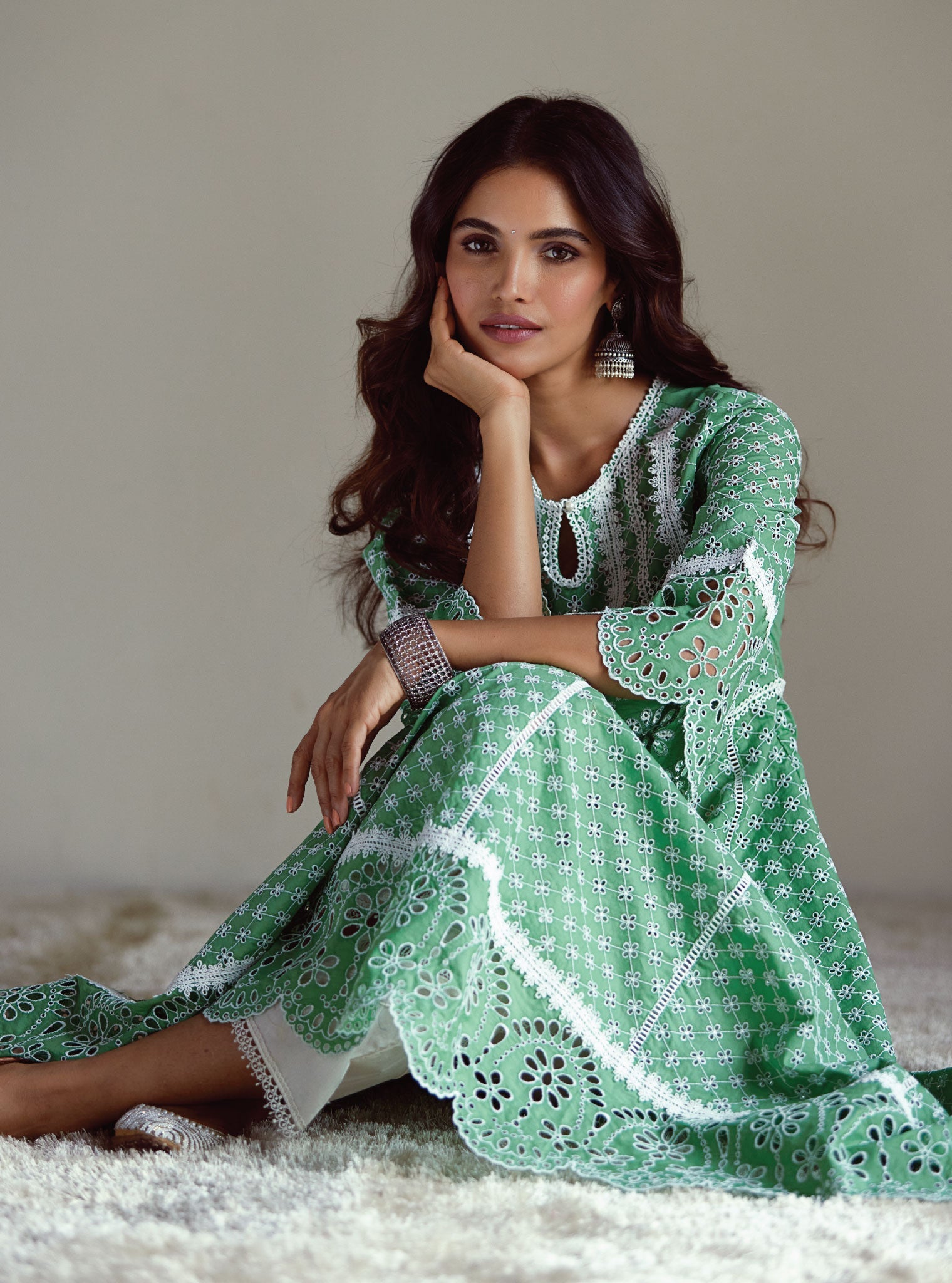 Mulmul Supima Cotton Arris Green Anarkali  Kurta