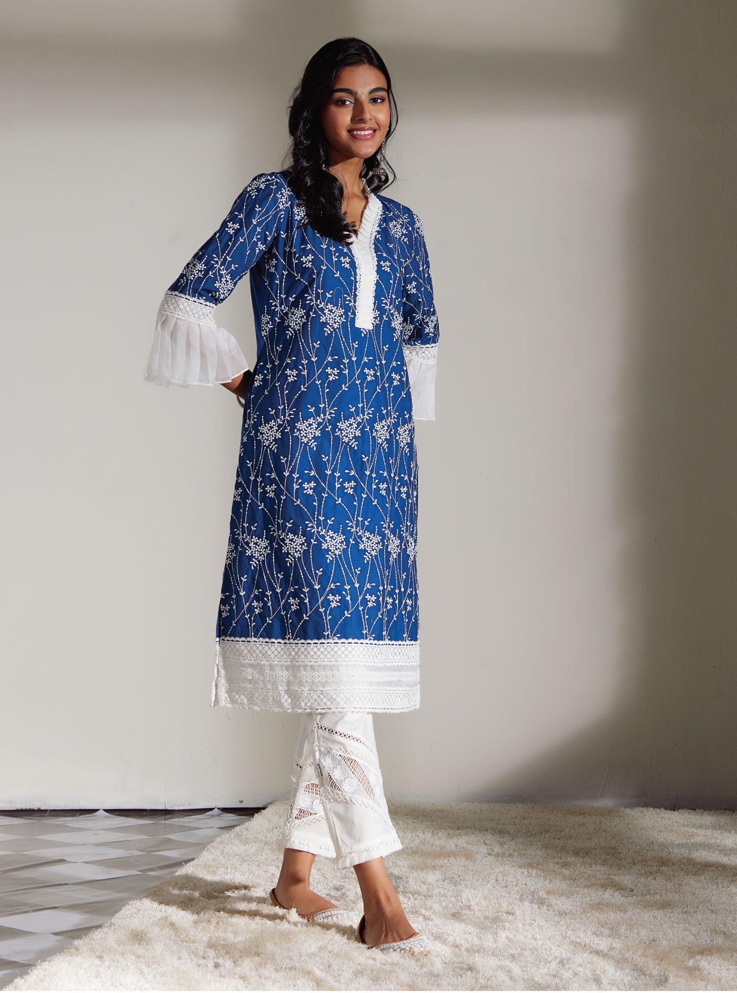 Mulmul Supima Cotton Carmen Navy Kurta
