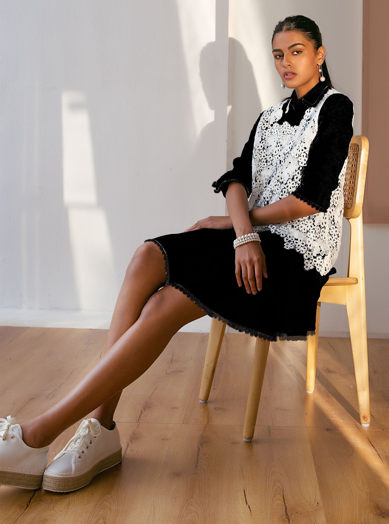 Celina Cotton Black Dress with Guipure Layer