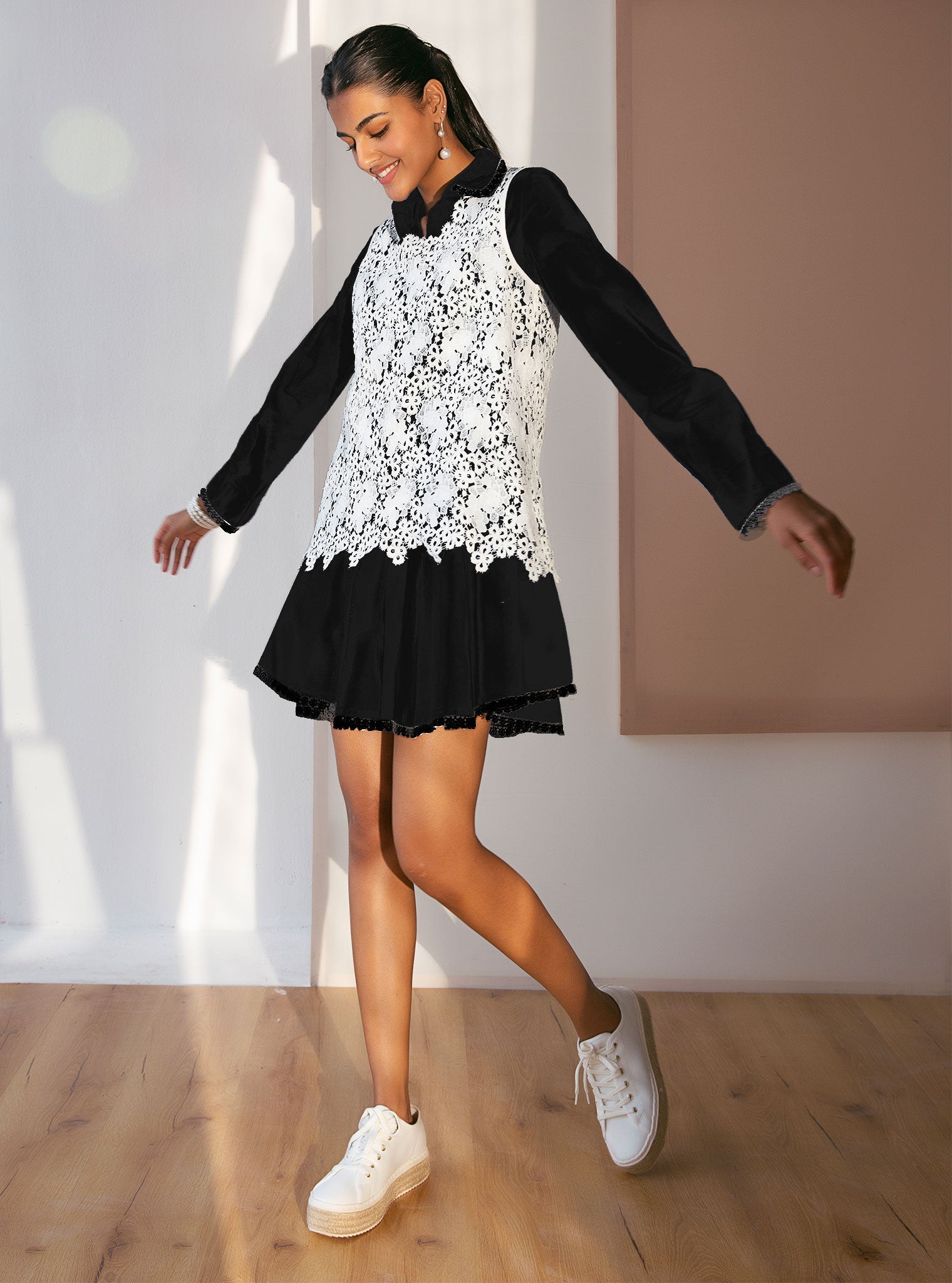 Celina Cotton Black Dress with Guipure Layer